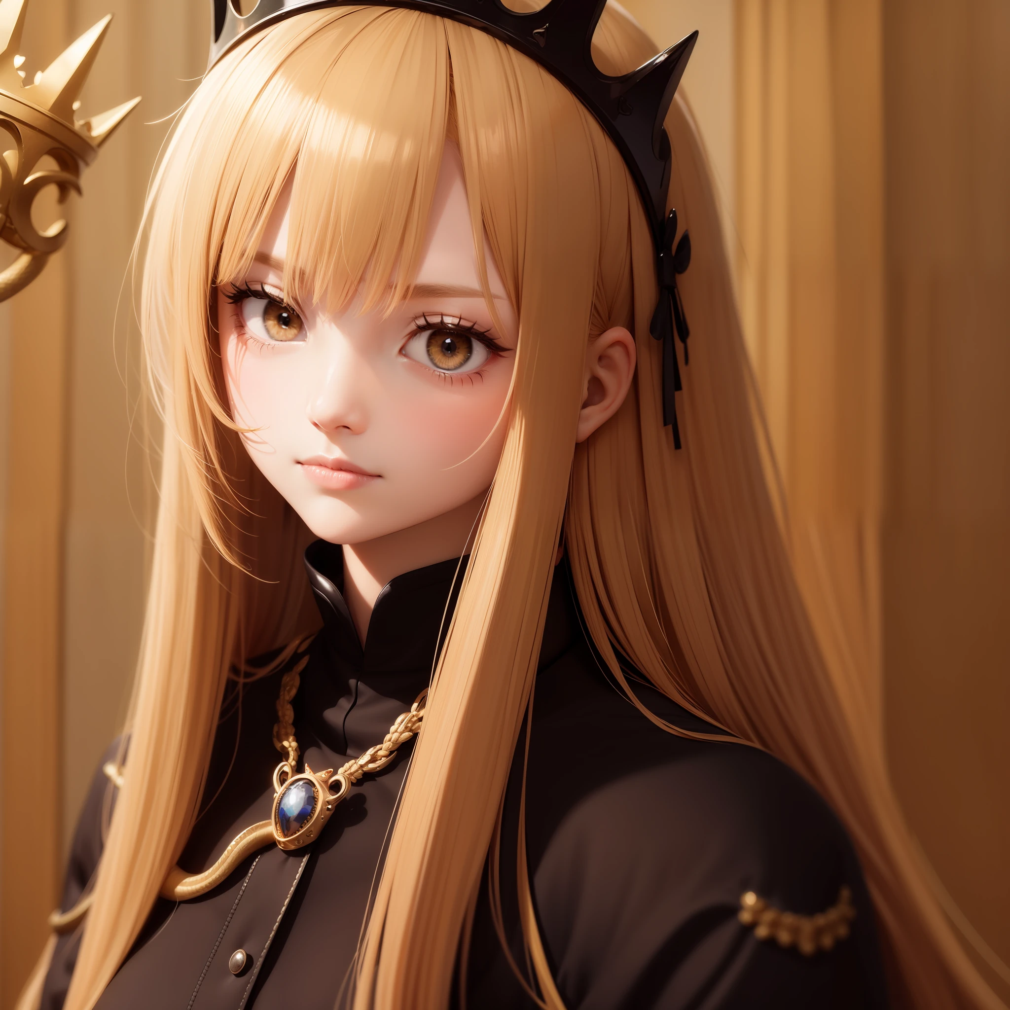 Long hair, Golden hair, Crown,Snake pupils,Royal sister,Best quality, Super detail, Textured skin, Indifference and contempt,royal family,solo person