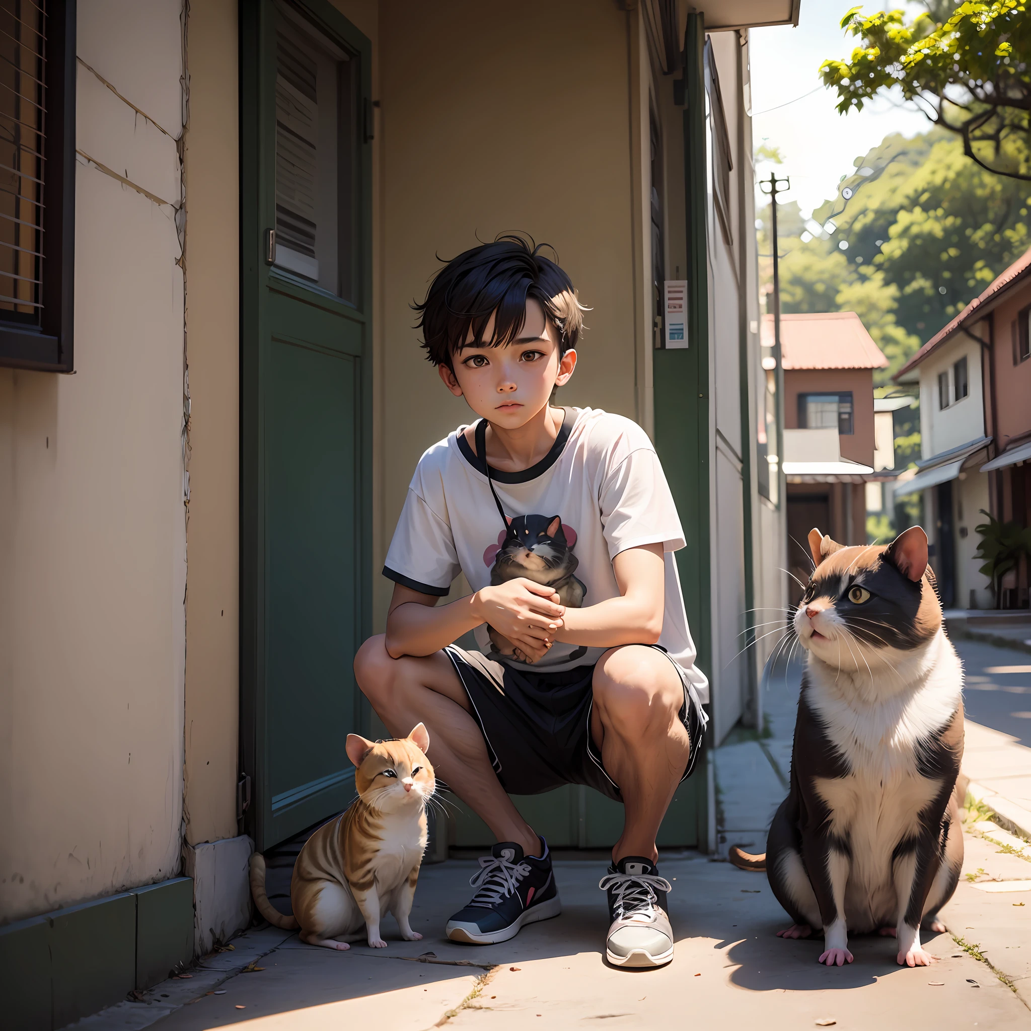 "Anime, menino de 10 anos com cabelo curto e seus animais -um cachorro, um hamster e um gato- em casa, na rua e na floresta. With an emphasis on exploration and adventure. " --auto