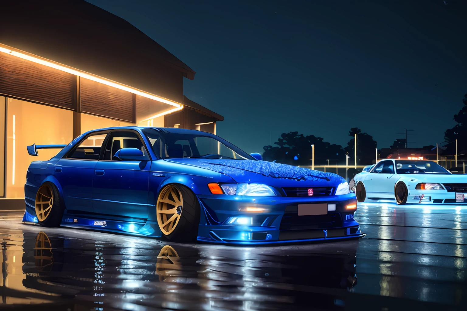 (STANCE), masterpiece,best quality,official art,extremely detailed CG unity 8k wallpaper,illustration, light,car, bright, sports car, vehicle focus, road, ((need for speed)),((NFS)), moving, wet, (((night, midnight))),neon lights,drift,  (MARKII)