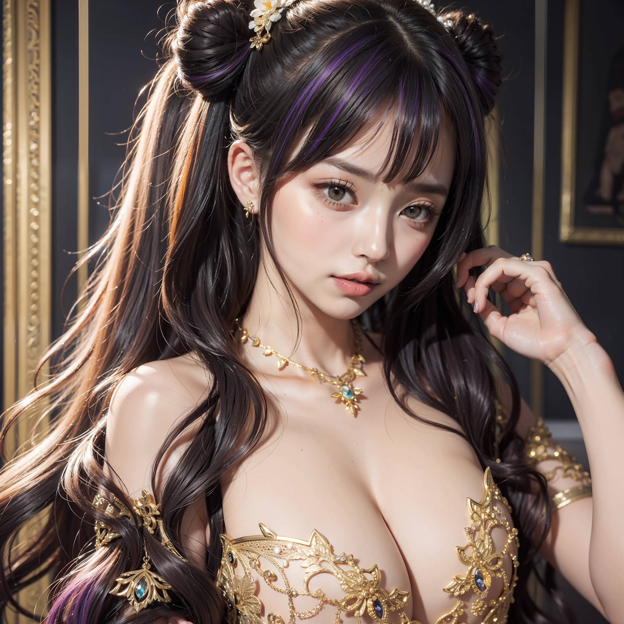 Colorful hair(Purple and orange gradient)、twintails、a beautiful lady、Eyes that seem to be sucked in、Official art、tmasterpiece、Extremely delicate modeling、beste-Qualit、realphoto、8K image、hiquality、big chest out、Princess、ornate dress、Luxurious ornaments、Infant face、
