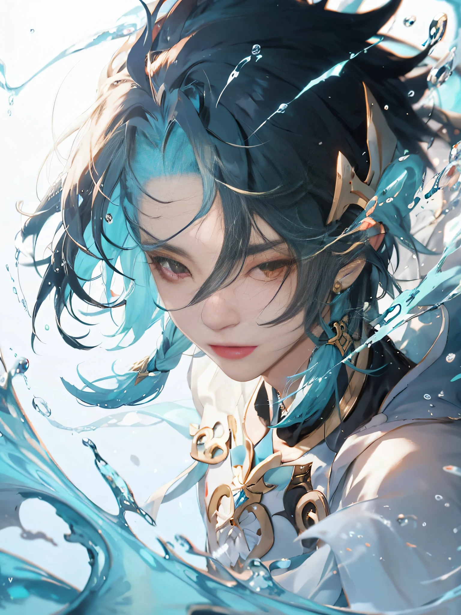 (realisticlying,The photograph,Clear hair,8K)Genshin Impact,Genshin,The fish in Genshin,Ray,Water magic,Handsome man,电影灯光,