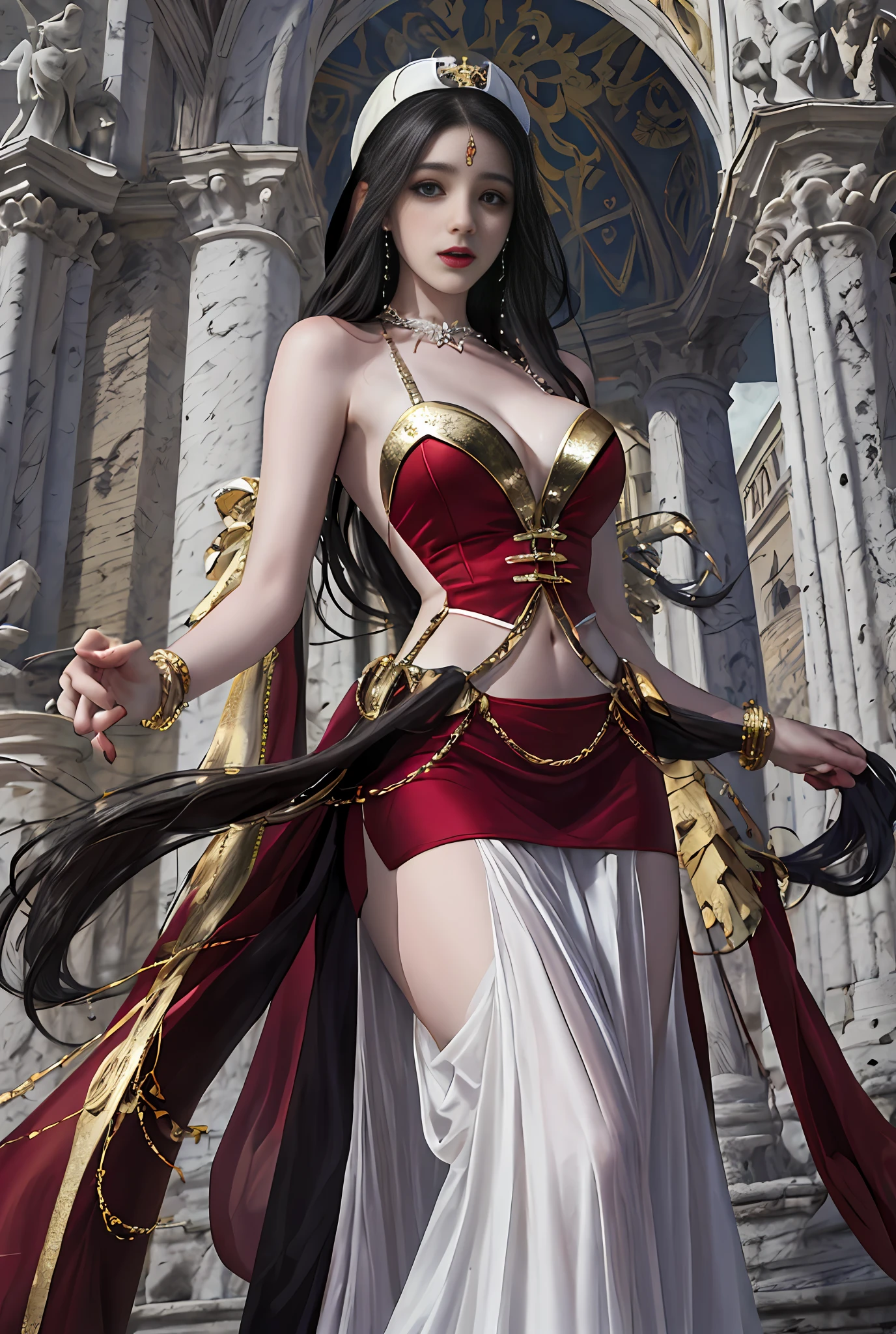 (巨作, Best quality, Realistic),
1girll,(on the St. Peter's Square of Vatican,crowd), sankta. Peter's Square of Vatican background, gypsy dress, Dancing, Elaborate dress, Gold,banquet, crowd, picking up skirt,Pale skin,
[Slight smile],