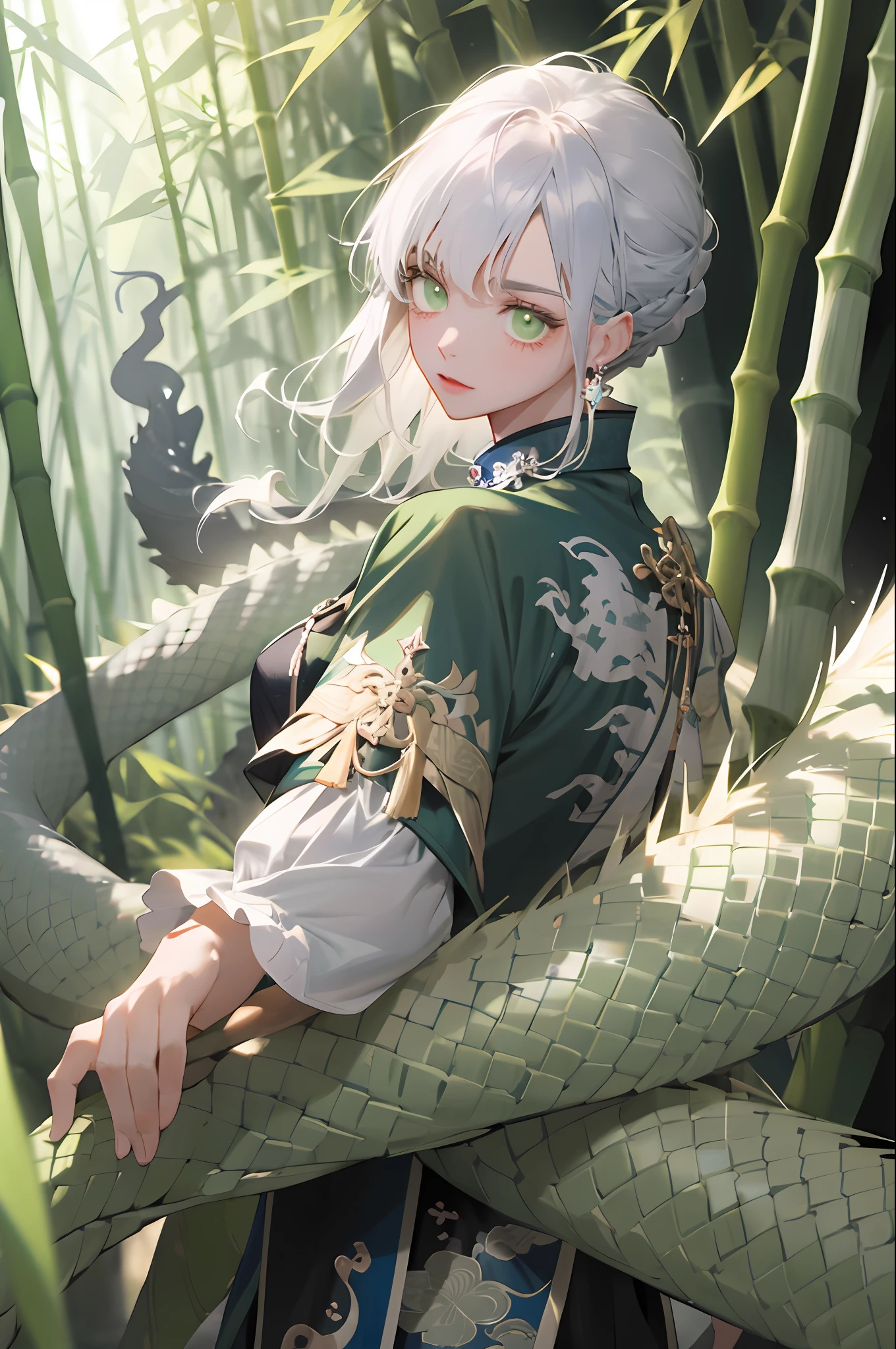 （absurderes，A high resolution，ultra detali），Very detailed eyes，Colorful，Most detailed，sportrait，独奏，detailed back ground，Detailed face， (style-swirlmagic:0.8), Behind it is a hovering dark turquoise Chinese dragon，bamboo forrest，Large expanses of bamboo，A combination of virtual and real bamboo，movie atmosphere, Contre-Jour,Dull green eyes，Eyes with a sense of layering，Silvery-white hair，Pick dyeing，There is a blue flame on the fingertips，cold shades，Warm light accents，Magic world，Chinese style cheongsam，Metal accessories，Gemstone embellishment，Full body like，Girly body curves，A sense of firmness，Movie lighting，jewelry necklace，Gemstone rings，Metal design，fleshy feeling，A large bamboo forest，The bamboo forest is coiled with dark green snakes，Dark green reflective scales of snakes，The girl came from the bamboo forest