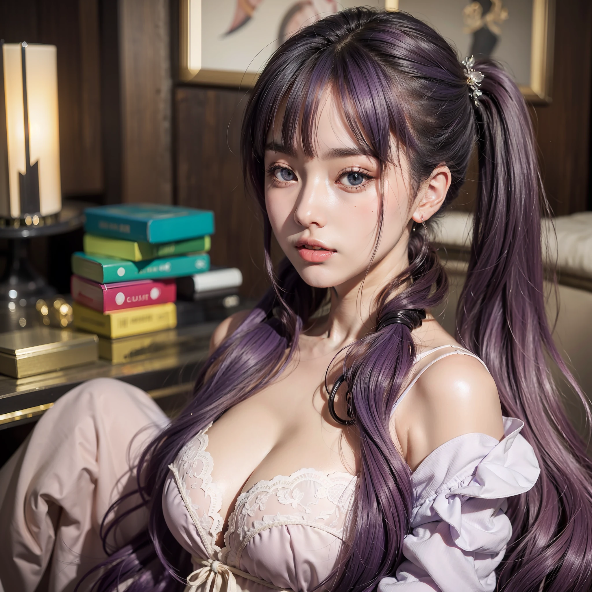 Colorful hair(Purple and orange gradient)、twintails、a beautiful lady、Eyes that seem to be sucked in、Official art、masterpiece、Extremely delicate modeling、beste-Qualit、realphoto、8K image、hiquality、big chest out、Princess、Cute Dresses、Luxurious ornaments、Infant face、