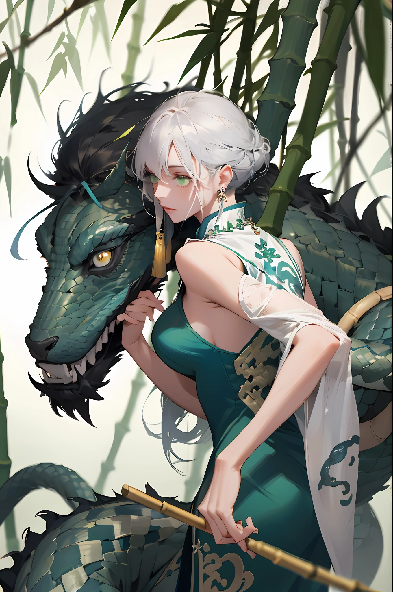 （absurderes，A high resolution，ultra detali），Very detailed eyes，Colorful，Most detailed，sportrait，独奏，detailed back ground，Detailed face， (style-swirlmagic:0.8), Behind it is a hovering dark turquoise Chinese dragon，bamboo forrest，Large expanses of bamboo，A combination of virtual and real bamboo，movie atmosphere, Contre-Jour,Dull green eyes，Eyes with a sense of layering，Silvery-white hair，Pick dyeing，There is a blue flame on the fingertips，cold shades，Warm light accents，Magic world，Chinese style cheongsam，Metal accessories，Gemstone embellishment，Full body like，Girly body curves，A sense of firmness，Movie lighting，jewelry necklace，Gemstone rings，Metal design，fleshy feeling，A large bamboo forest，The bamboo forest is coiled with dark green snakes，Dark green reflective scales of snakes，The girl came from the bamboo forest