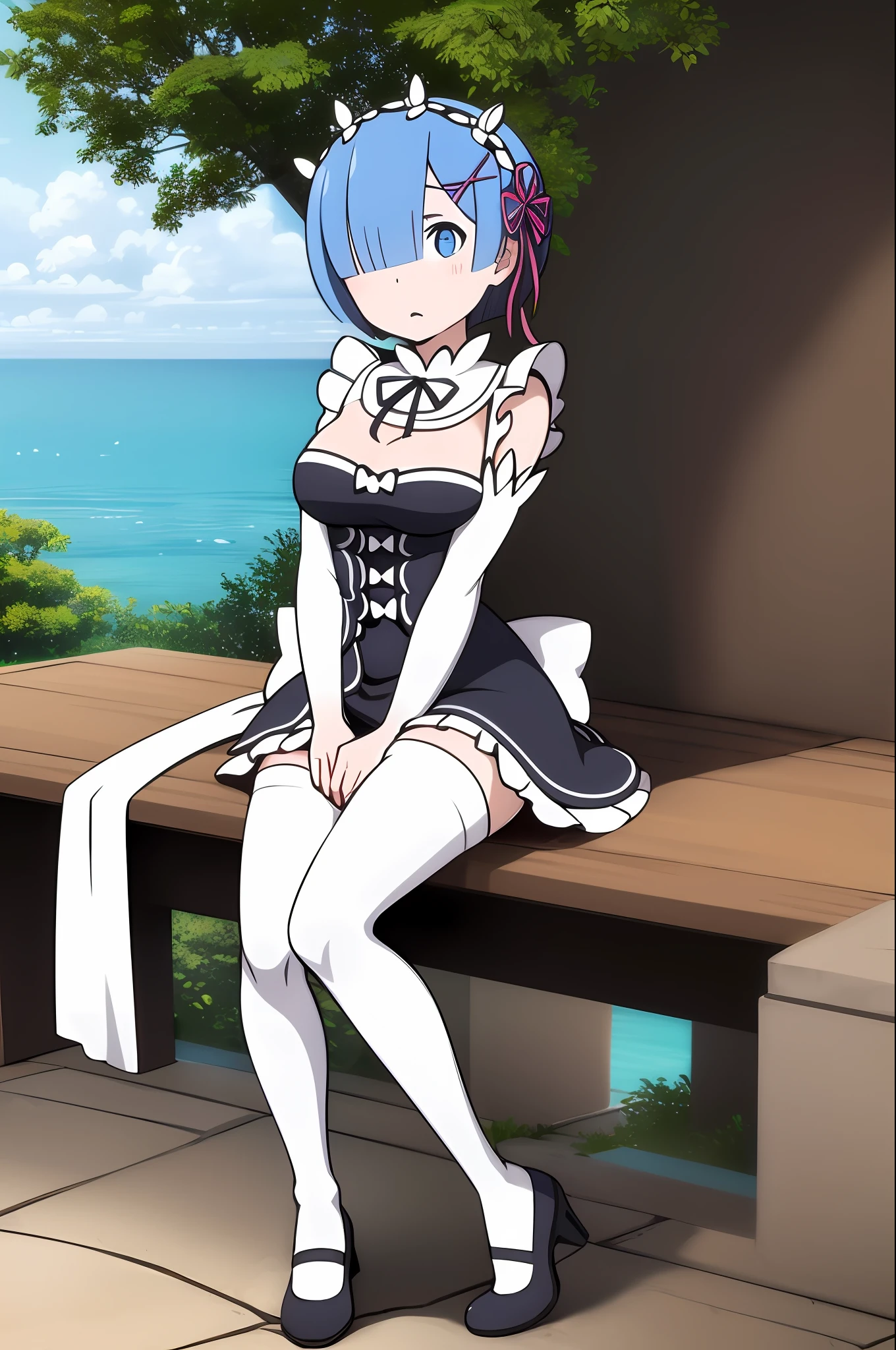 (tmasterpiece:1.6,best qarity),(Fine beautiful eyes:1.2),ph_REM,Remhd,1girll,Blue hair,独奏,blue eyess,x hair accessories,legs ornaments,Long thick socks,lacepantyhose,bow,ta heels,Lolihoes,Rossvale Mansion maid uniform,full bodyesbian,Photo art,maidennurse,the ocean,sunlights,the trees,wave,