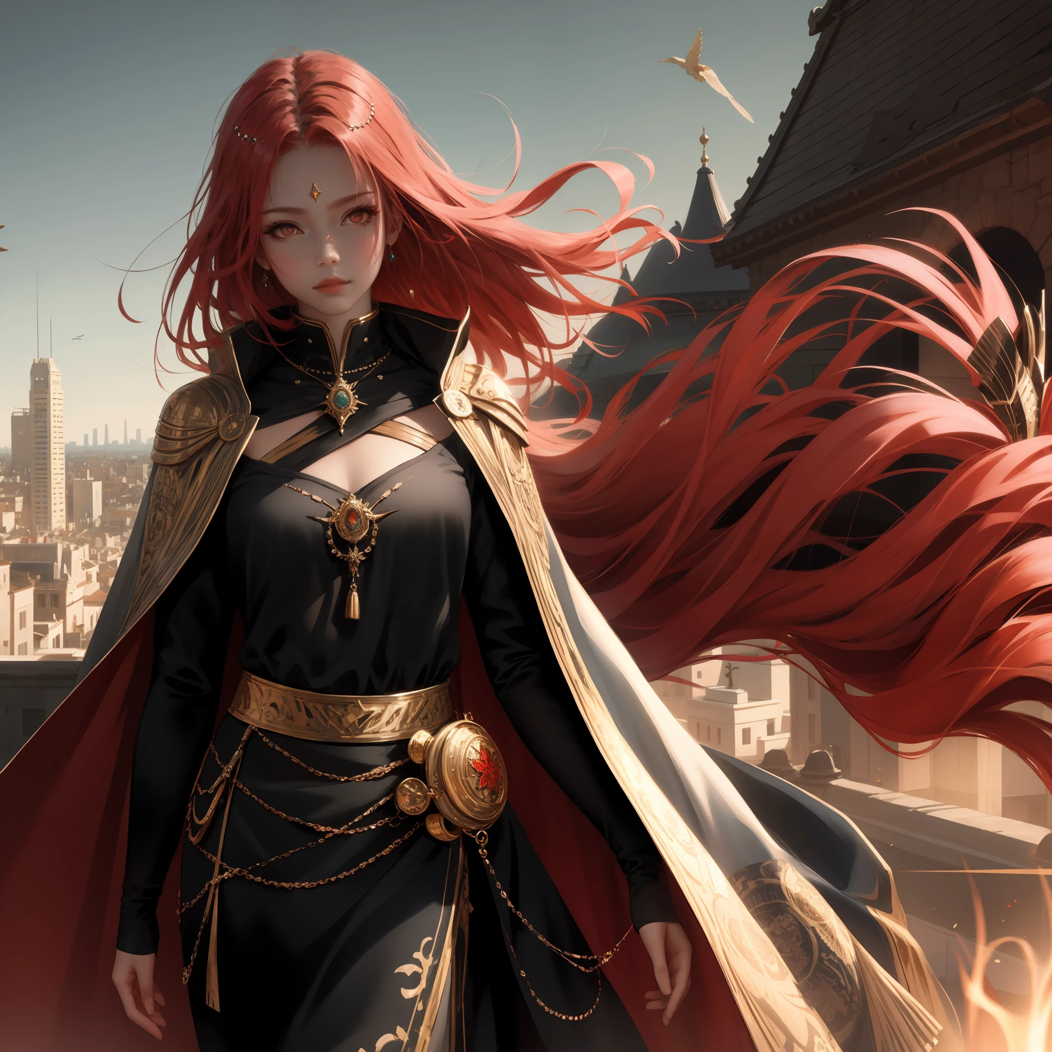 wlop, aeolian, jewelry, cute girl, eastern, red hair, red eyes, cape, cityscape background