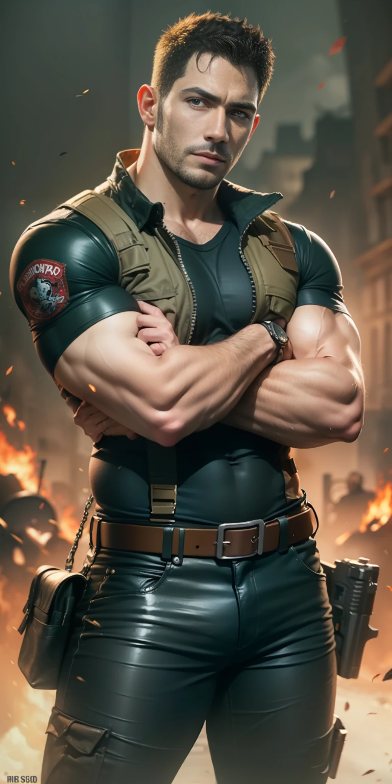 Cartaz do filme, design de personagens (Resident Evil - Chris Redfield, Chris Redfield) Cartaz de cinema, baixo, Solo, homem, 45 anos, cabelos curtos, cara de bravo, mau, homem grande, alto, (((Musculoso))), camiseta preta, black leather pants, cinto militar, Armado com pistola. fundo simples