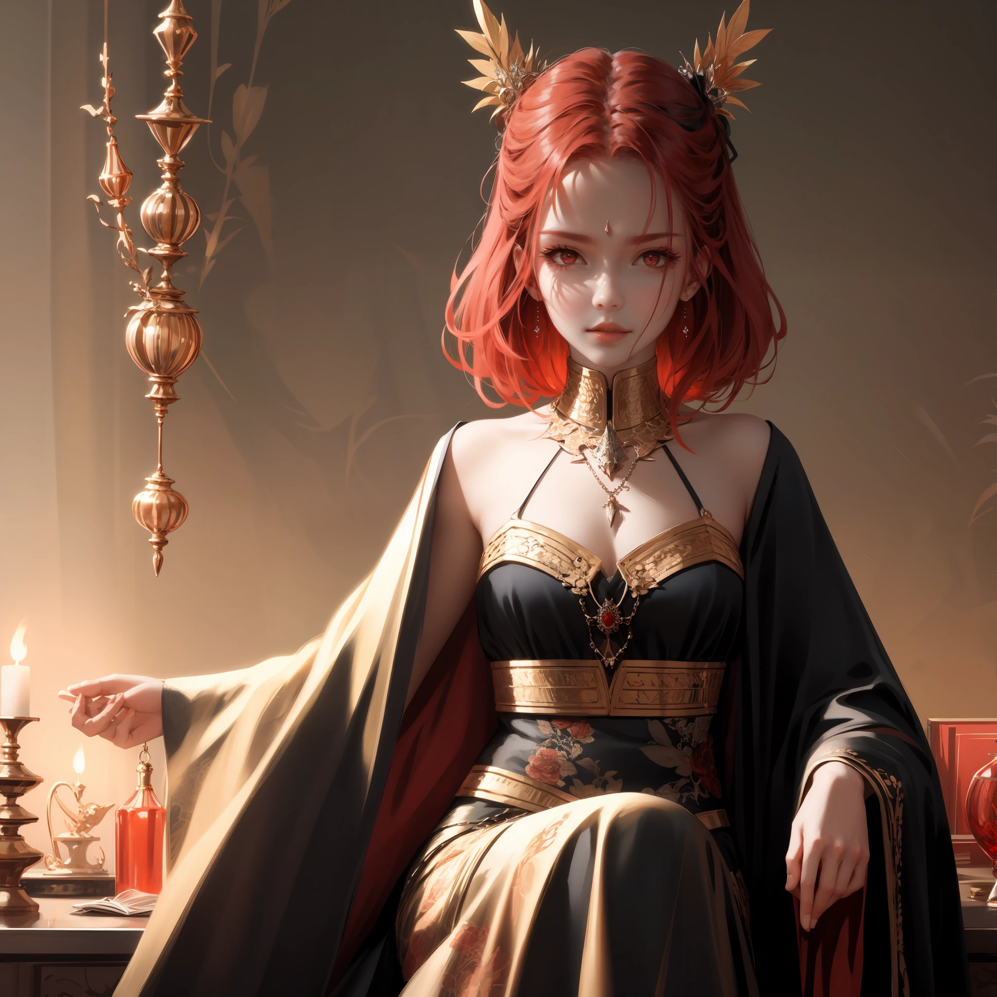 wlop, aeolian, jewelry, cute girl, eastern, red hair, red eyes