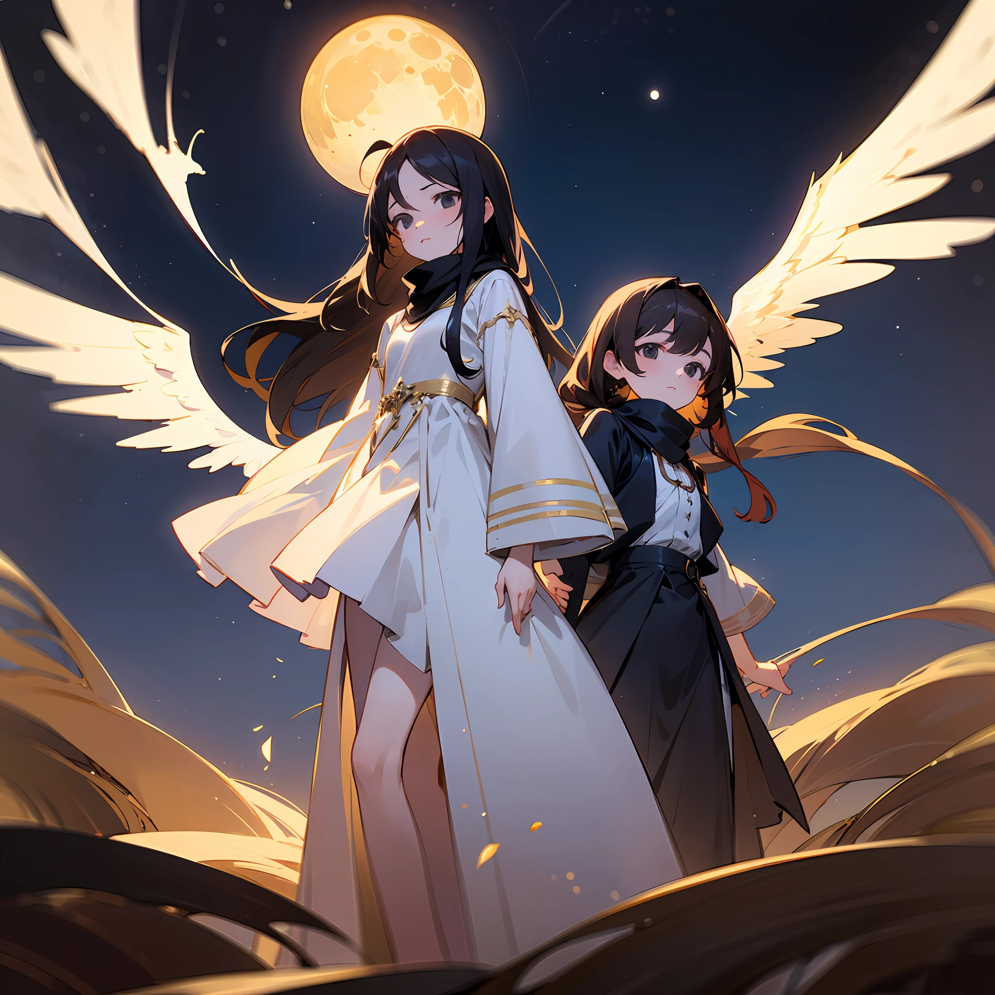 Two angel maidens in Arabic style，Stand on the left and right of the screen。They have black eyes，Long dark hair，Wearing a white dress，There is a golden scarf on the face，The expression on the face is quiet and gentle。The background is black night，The night sky has the moon representing eternity。