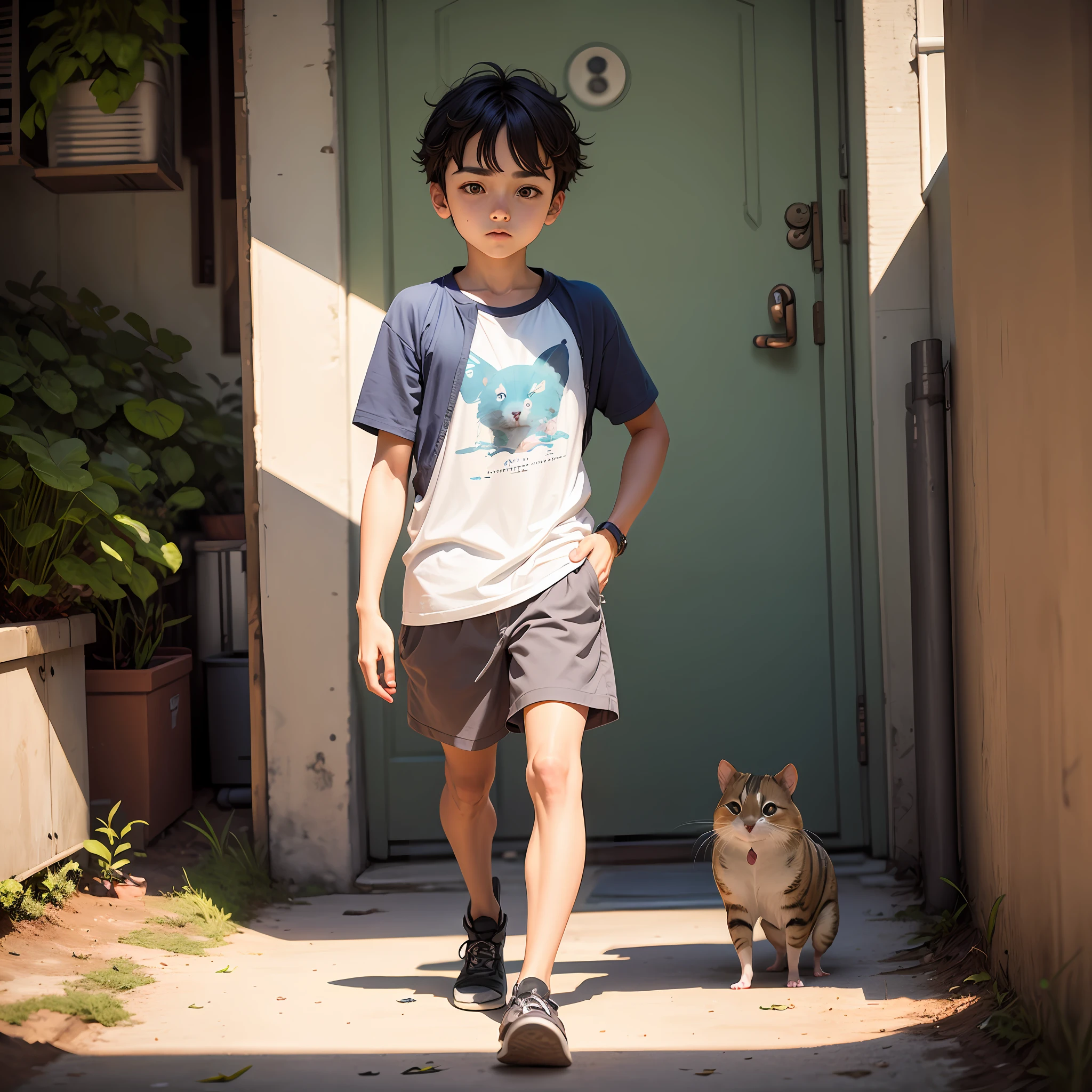 "Anime, menino de 10 anos com cabelo curto e seus animais -um cachorro, um hamster e um gato- em casa, na rua e na floresta. With an emphasis on exploration and adventure. " --auto