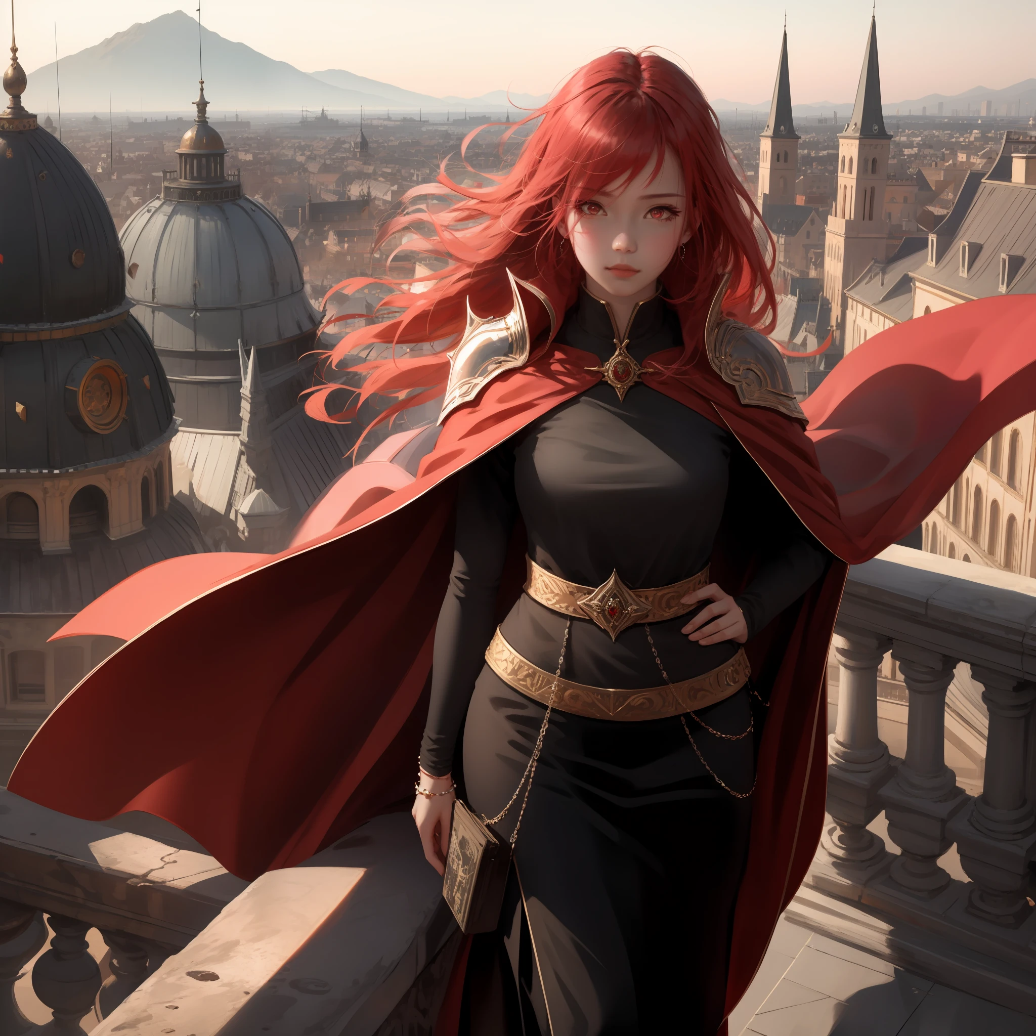 wlop, aeolian, jewelry, cute girl, eastern, red hair, red eyes, cape, cityscape background