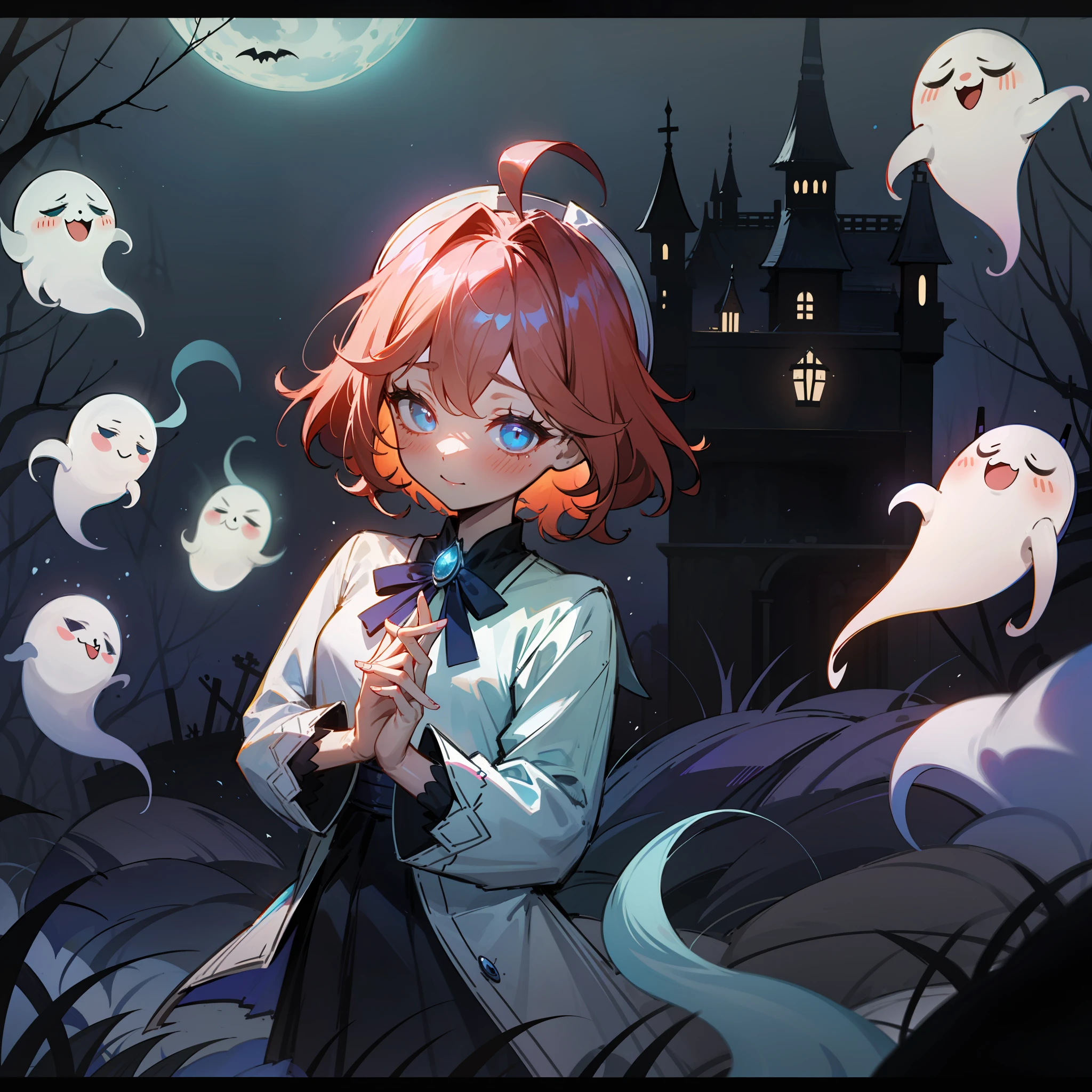 masterpiece, best quality, girl exploring a haunted theme park, 1girl, red hair, haunted by cute chibi ghosts, cute, whimsical, glow, glowing, spooky, silly, mystical, magical, arcane, funny, amusing,8k,16k