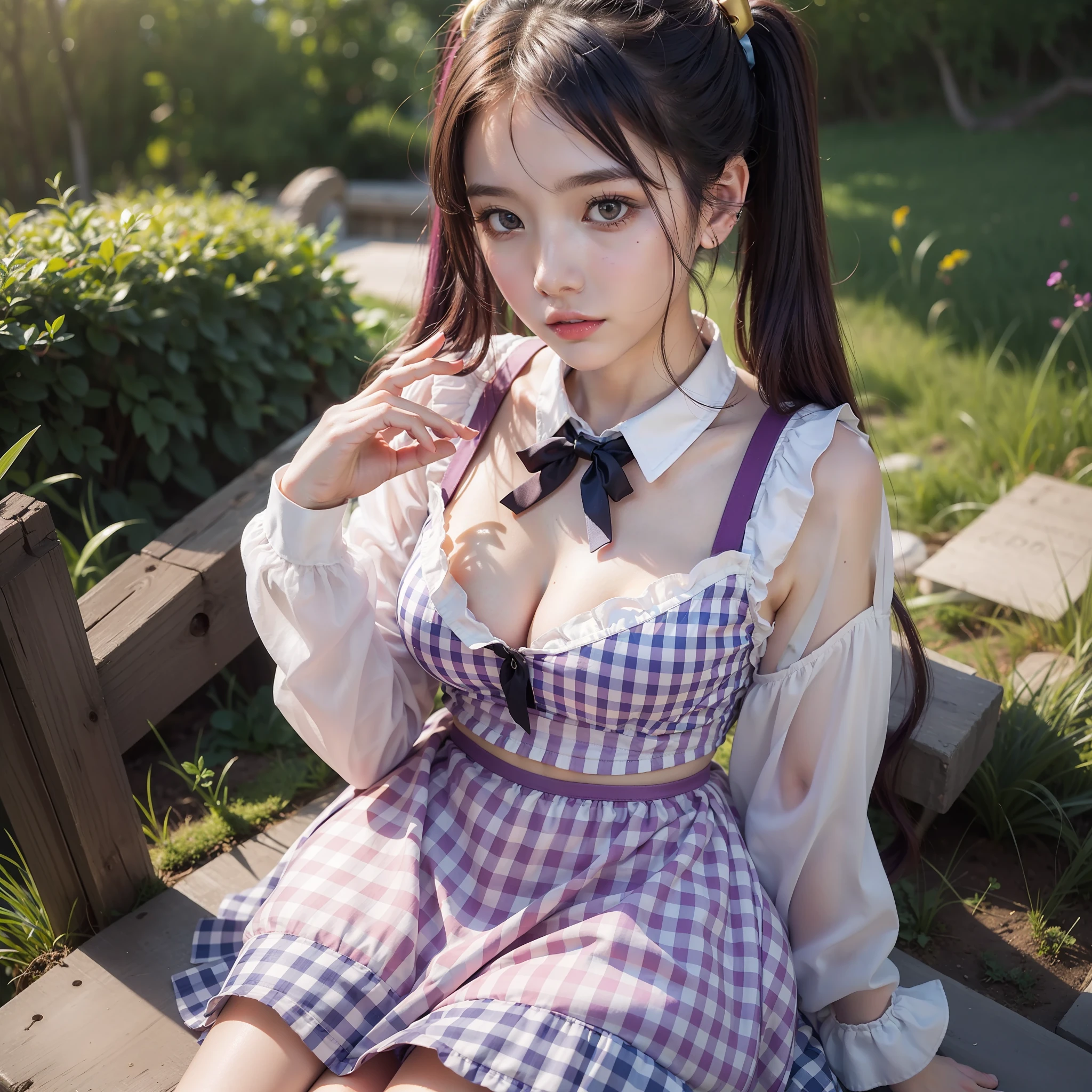 Colorful hair(Purple and orange gradient)、short twintails、beautfull woman、Eyes that seem to be sucked in、Official art、masterpiece、Extremely delicate modeling、beste-Qualit、realphoto、8k picture、hiquality、large full breasts、Princess、JK、Gingham check miniskirt、Infant face、