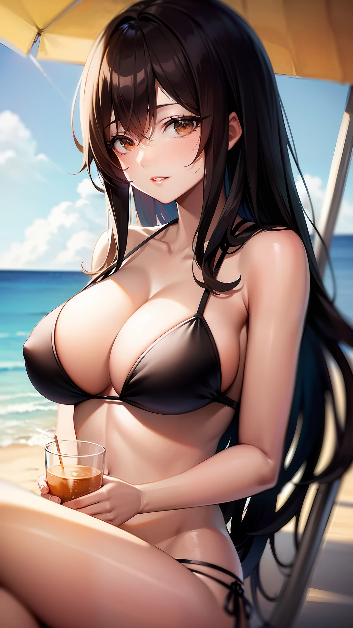 best quality, detailed face and eyes, watercolor, 1girl, solo,brown eyes,slender,bikini

At the seaside, under the strong sunlight of summer,
BREAK
a beautiful woman lies on a beach chair among the colorful beach parasols and various beach chairs on the white sand. She wears a bright bikini, showing her tanned back. She holds a glass of cold drink in her hand. She closes her eyes, enjoying the sounds of the sea and the wind.
(drinking glass:1.4), seductive smile,(Parted lips:1.3), sitting,Crossed legs, upper body