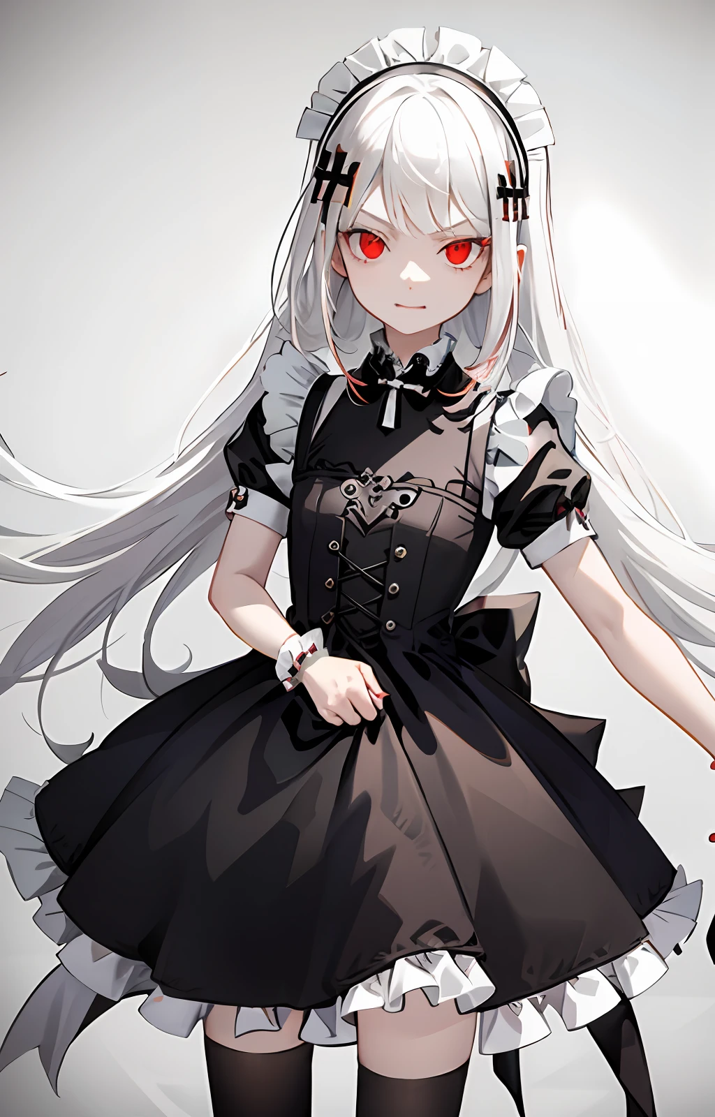 Has silvery-white super hair，Blood-red eyes，Loli baby girl vampire queen in maid costume，A look of disgust was revealed，