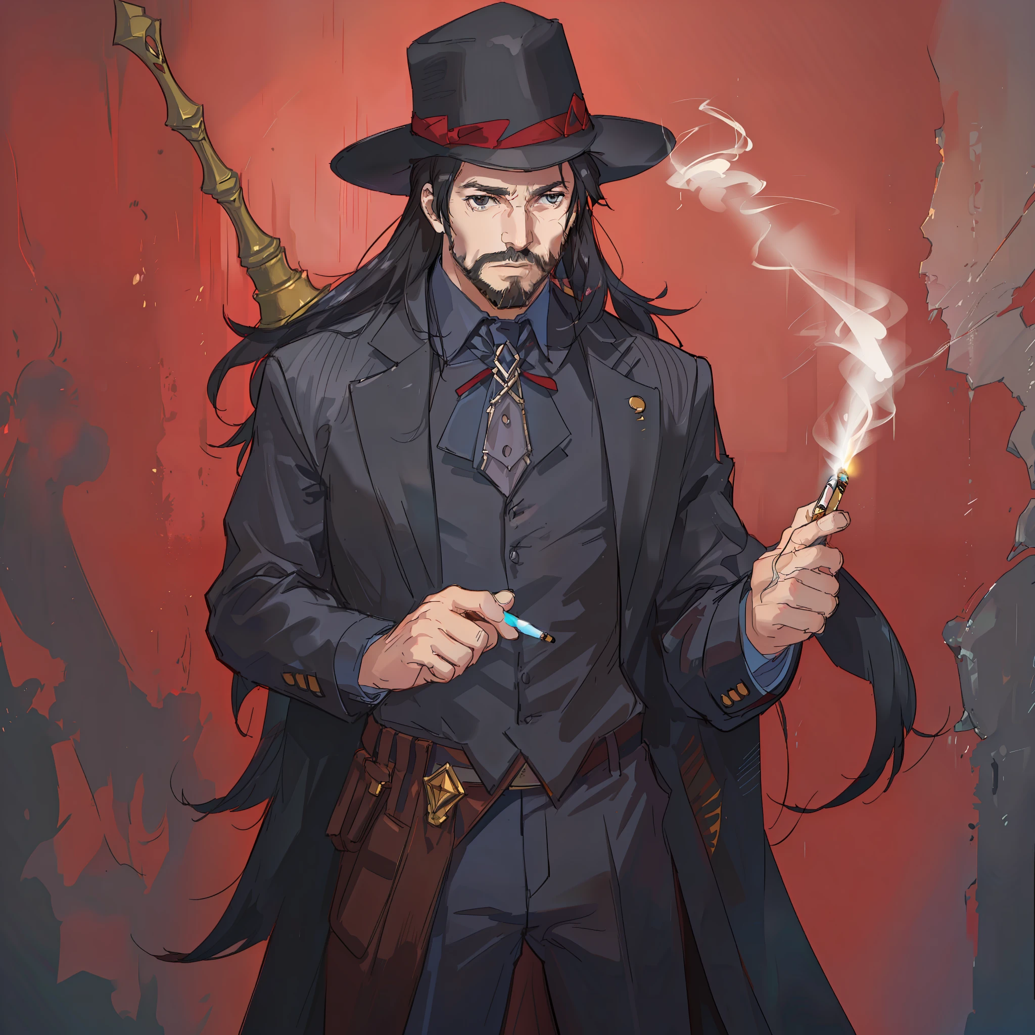 Handsome bearded long-haired man carrying a pair of huge double knives,Dressed in a black Gothic earl outfit,Lighting a cigarette
