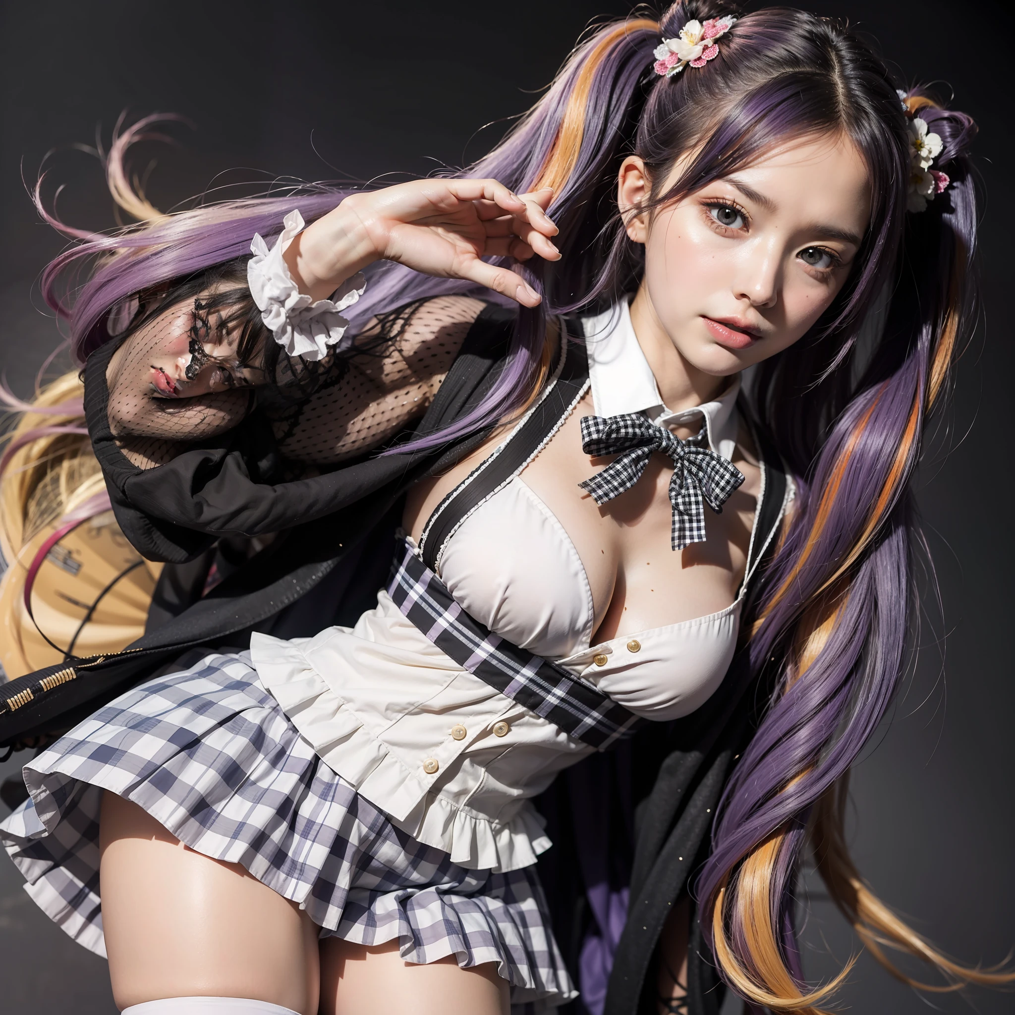 Colorful hair(Purple and orange gradient)、short twintails、beautfull woman、Eyes that seem to be sucked in、Official art、masterpiece、Extremely delicate modeling、beste-Qualit、Hphotorealistic、8k picture、hiquality、large full breasts、Princess、mgs、uniformss、Gingham check miniskirt、Infant face、