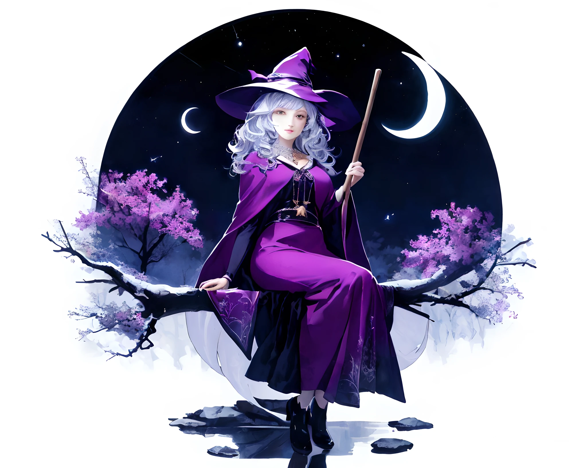 witch sitting on a tree branch with a broom and a moon, classical witch, beautiful wizard, bright witch, witch fairytale, beautiful witch female, sky witch, a beautiful sorceress, beautiful sorceress, sorcerer magic witch, witchy, witch, fashionable dark witch, beautiful female witch, pretty sorceress, supervillain sorceress witch