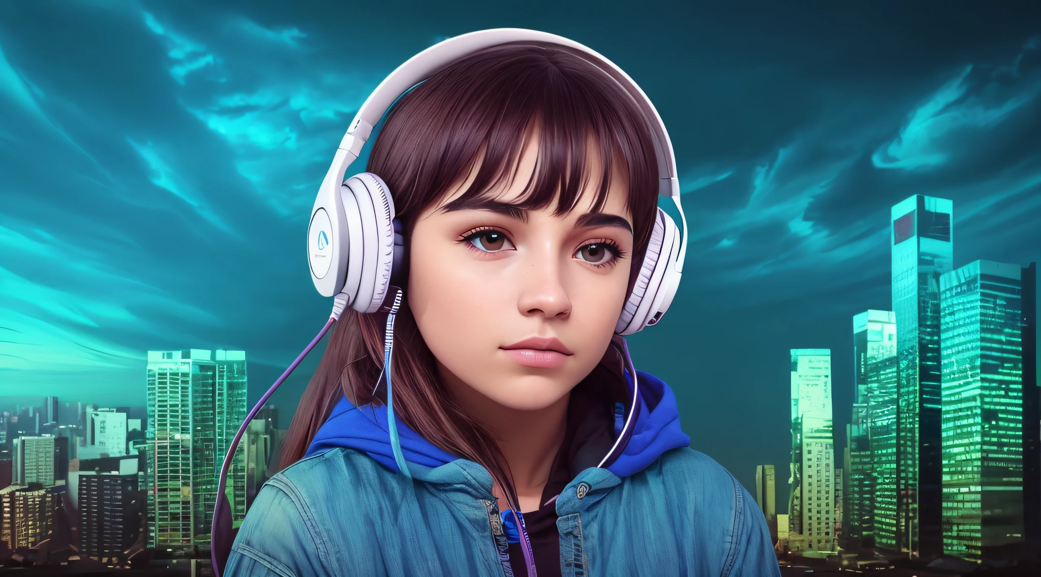 Imagem de uma menina com fones de ouvido na frente de uma cidade, menina usando fones de ouvido, menina de cabelo preto vestindo capuz, Listening to music, foto de retrato em close-up, listening to godly music, com fones de ouvido, Usando fones de ouvido, headphones on head, vibing to music, Fones de ouvido ligados, usando fones de ouvido roxos, foto de retrato, com fones de ouvido, arte de fundo, maravilhoso