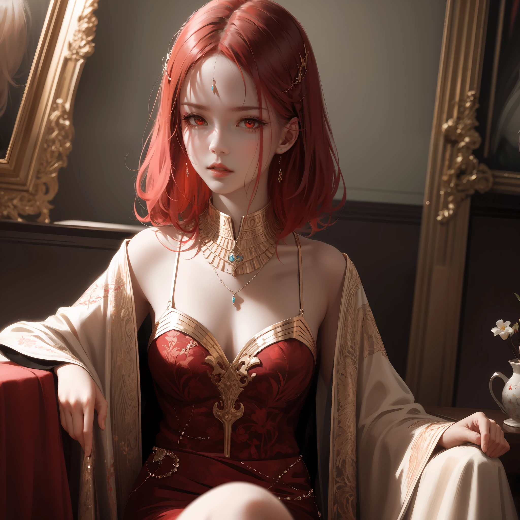 wlop, aeolian, jewelry, cute girl, eastern, red hair, red eyes