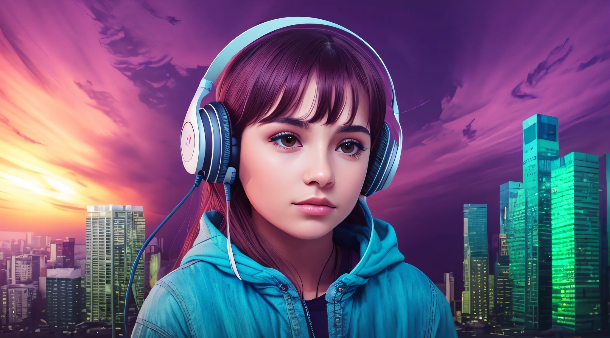 Imagem de uma menina com fones de ouvido na frente de uma cidade, menina usando fones de ouvido, menina de cabelo preto vestindo capuz, Listening to music, foto de retrato em close-up, listening to godly music, com fones de ouvido, Usando fones de ouvido, headphones on head, vibing to music, Fones de ouvido ligados, usando fones de ouvido roxos, foto de retrato, com fones de ouvido, arte de fundo, maravilhoso