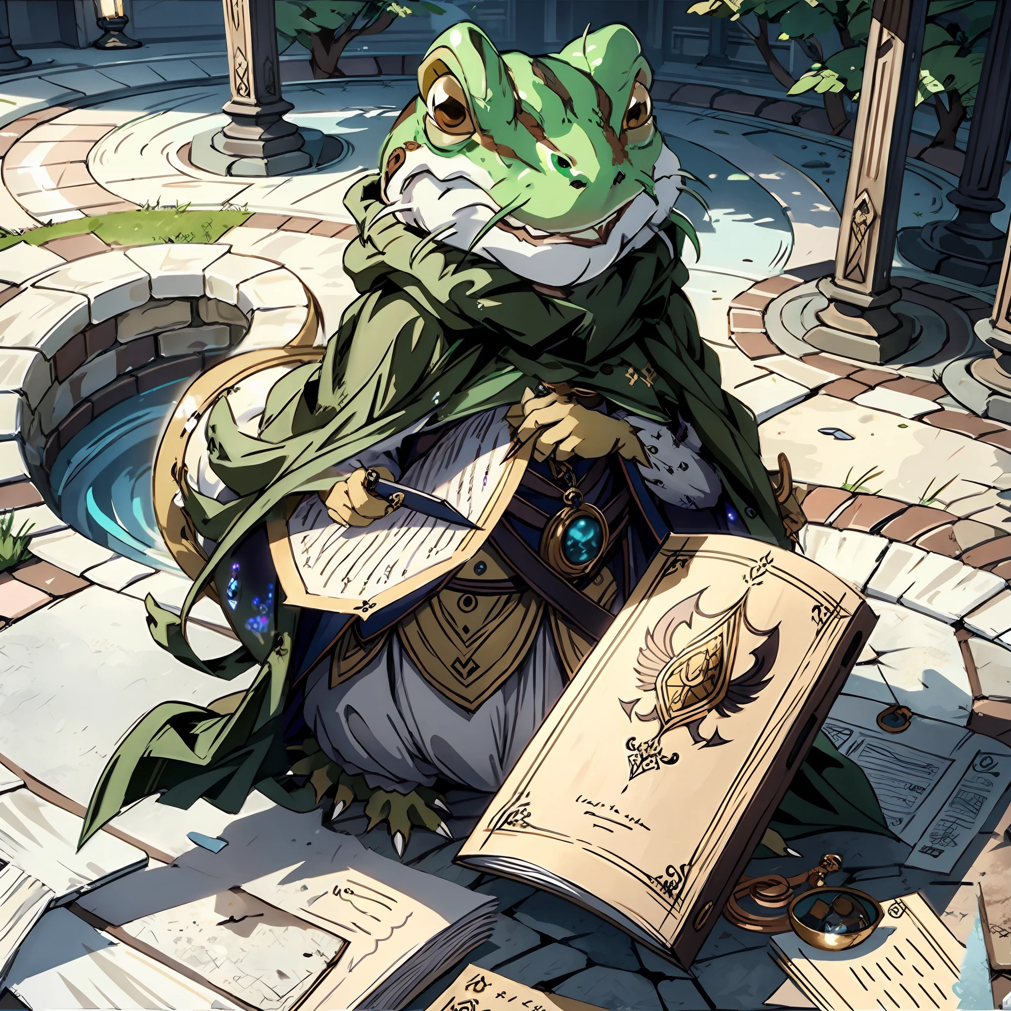 masterpiece, best quality, Cu73Cre4ture, toad wearing a cloak,hood,alchemy, potions,scrolls,drawings, Fantasy aesthetics, Highly detailed, shadowverse style