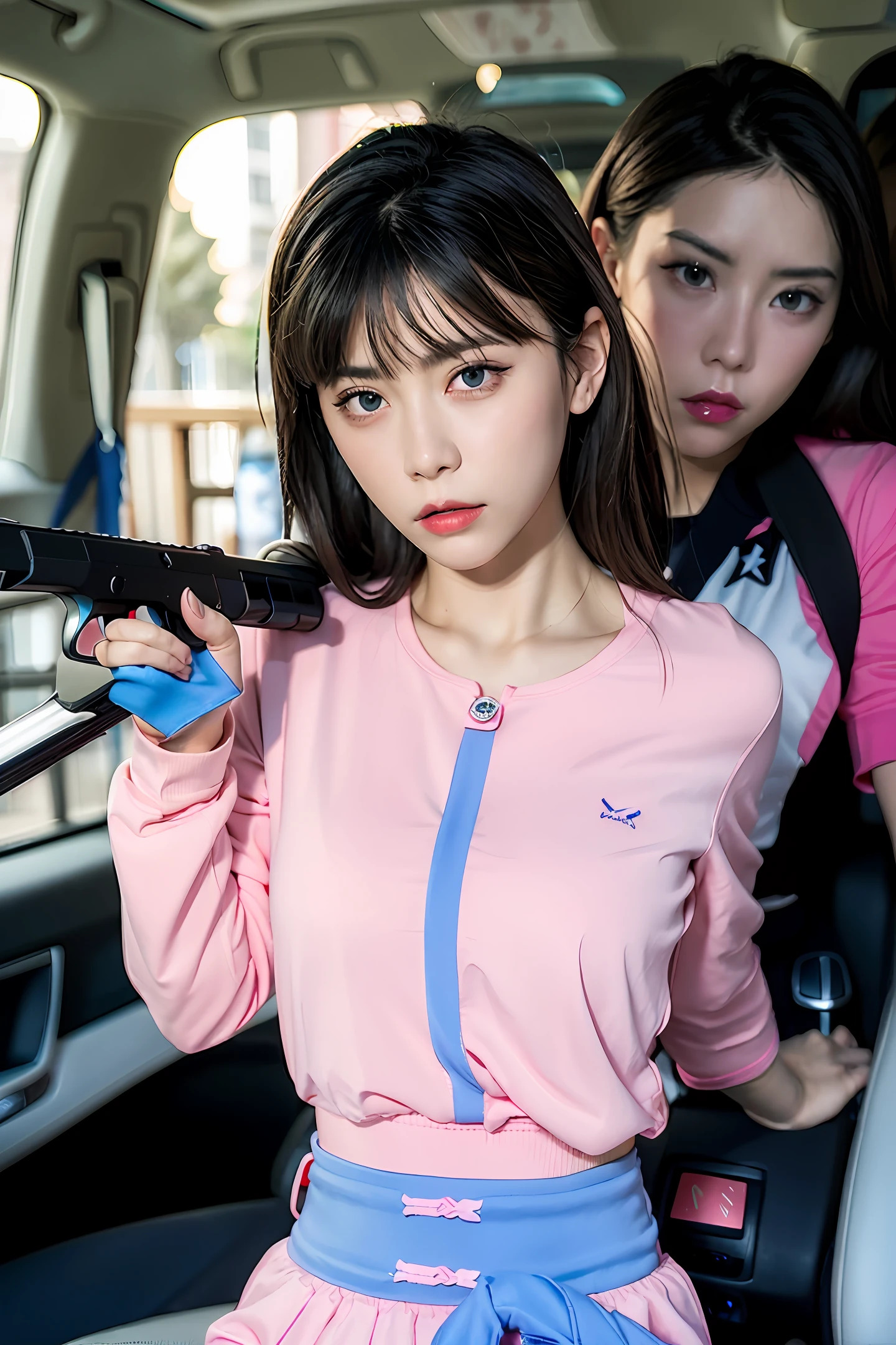 A girl with waist-length black hair, blue eyes, pink clothes driving a car, a gun behind her back, and two bodyguards