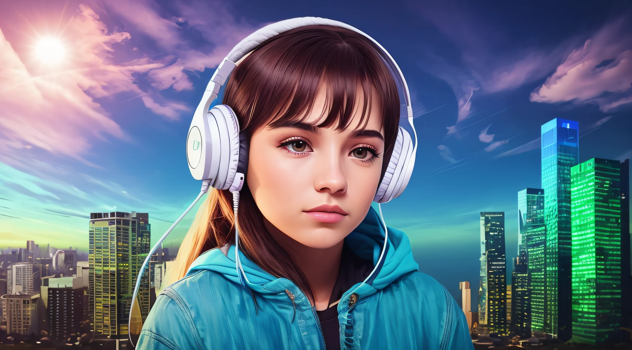 Imagem de uma menina com fones de ouvido na frente de uma cidade, menina usando fones de ouvido, menina de cabelo preto vestindo capuz, Listening to music, foto de retrato em close-up, listening to godly music, com fones de ouvido, Usando fones de ouvido, headphones on head, vibing to music, Fones de ouvido ligados, usando fones de ouvido roxos, foto de retrato, com fones de ouvido, arte de fundo, maravilhoso