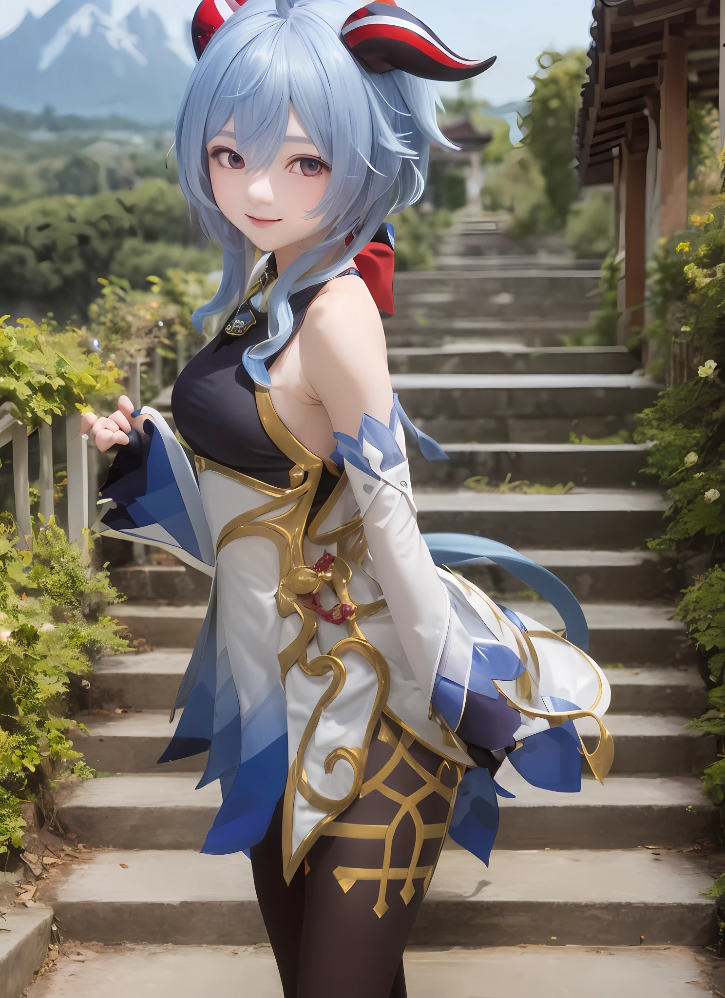 ganyudef, upper body, smile, blush, outdoors, day, simple background, blue sky, short hair, sky, temple, looking at viewer, stairs, mountain, moody lighting,