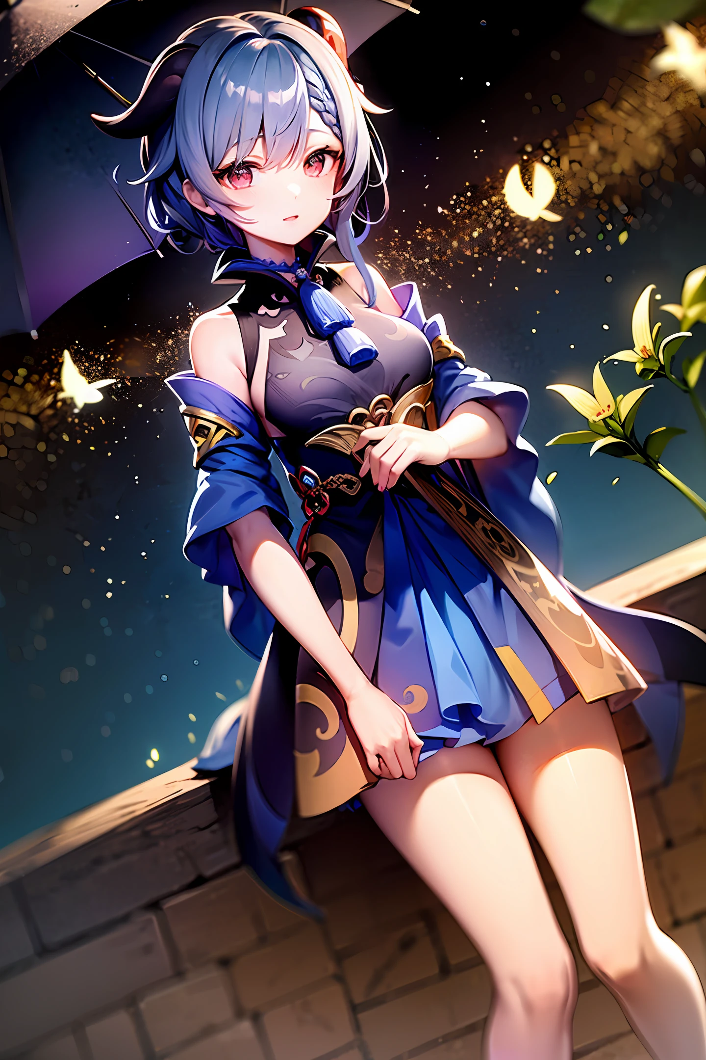 Genshin Ganyu Blue Hair Scenery Moon Viewing Glass Lily Holding an umbrella