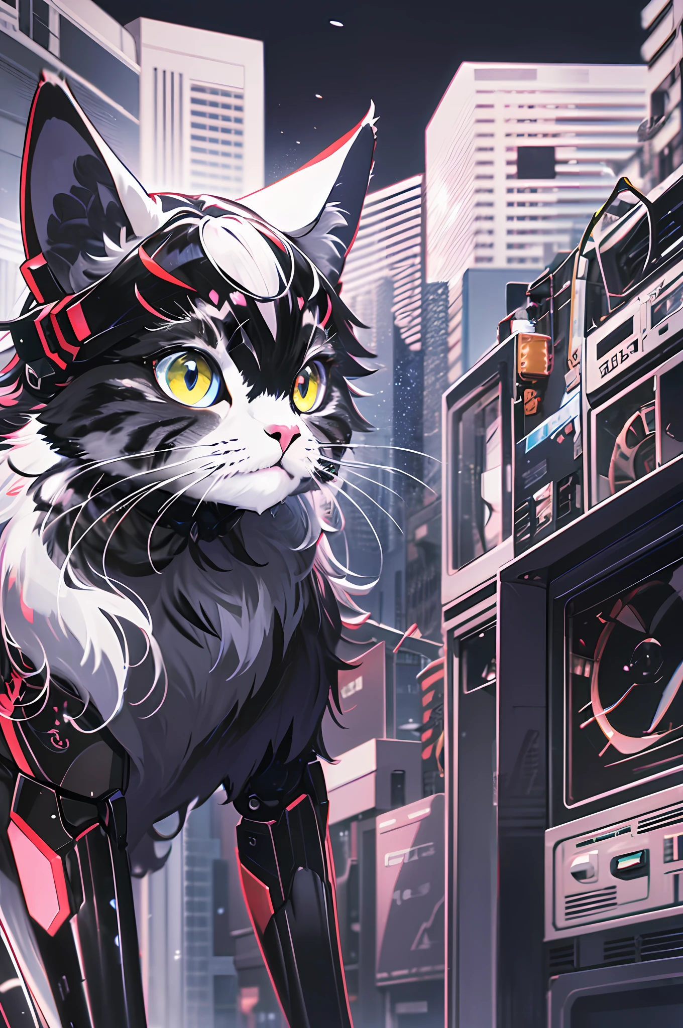 Top quality, masterpiece, absurdres, very precise detailed, extremely detailed 8K wallpaper, (animal cat robot,cat ears:1.2), no humans, mechanical lifeform, (anime coloring:1.3)