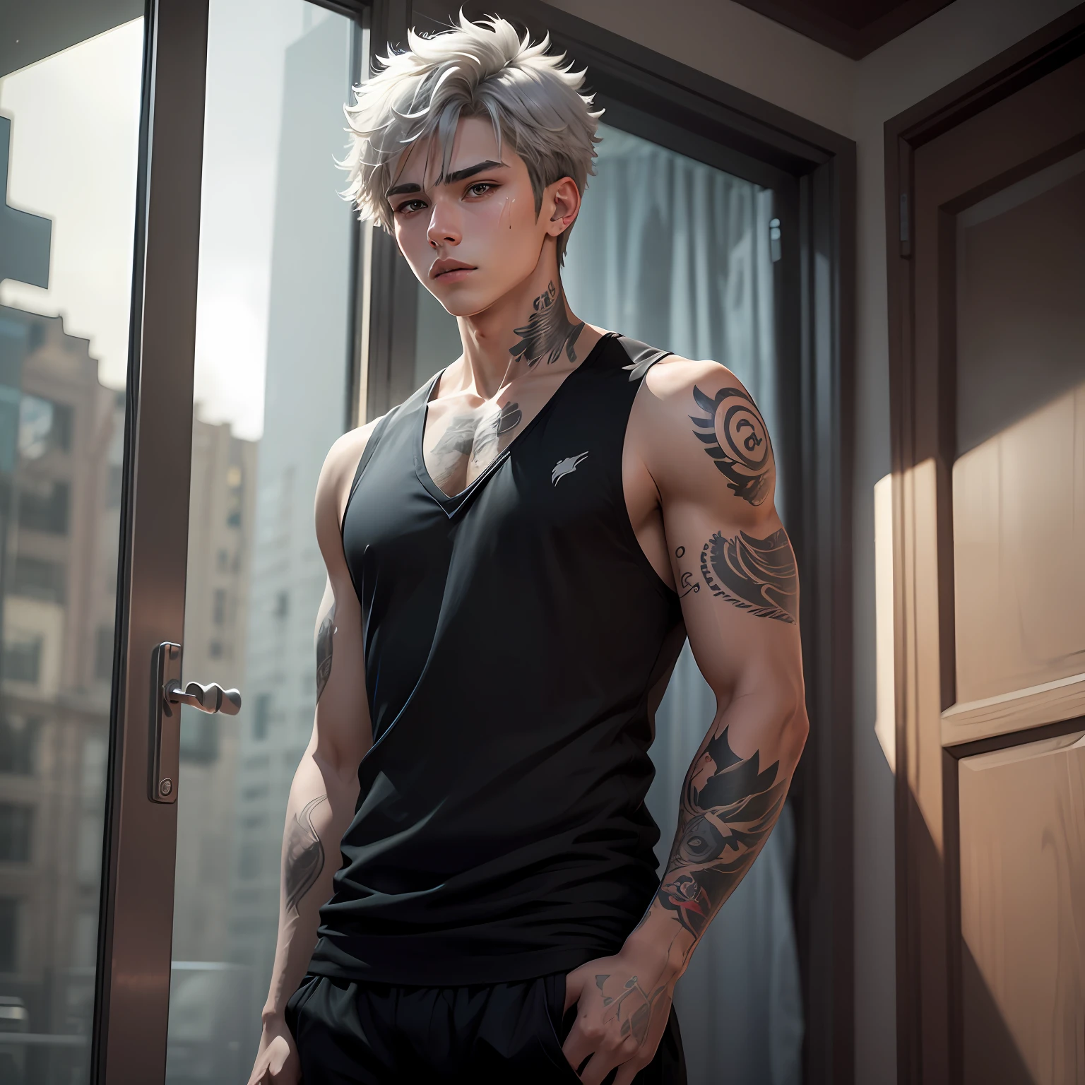 The -yeld emonal boy is covered in tattoos,There is an eagle tattoo on the chest,Reveals his thirst for strength and freedom。He wears a black casual vest,Hide the eagle tattoo,He dyed his gray hair,It adds a sense of mystery and coldness to his image。 --auto