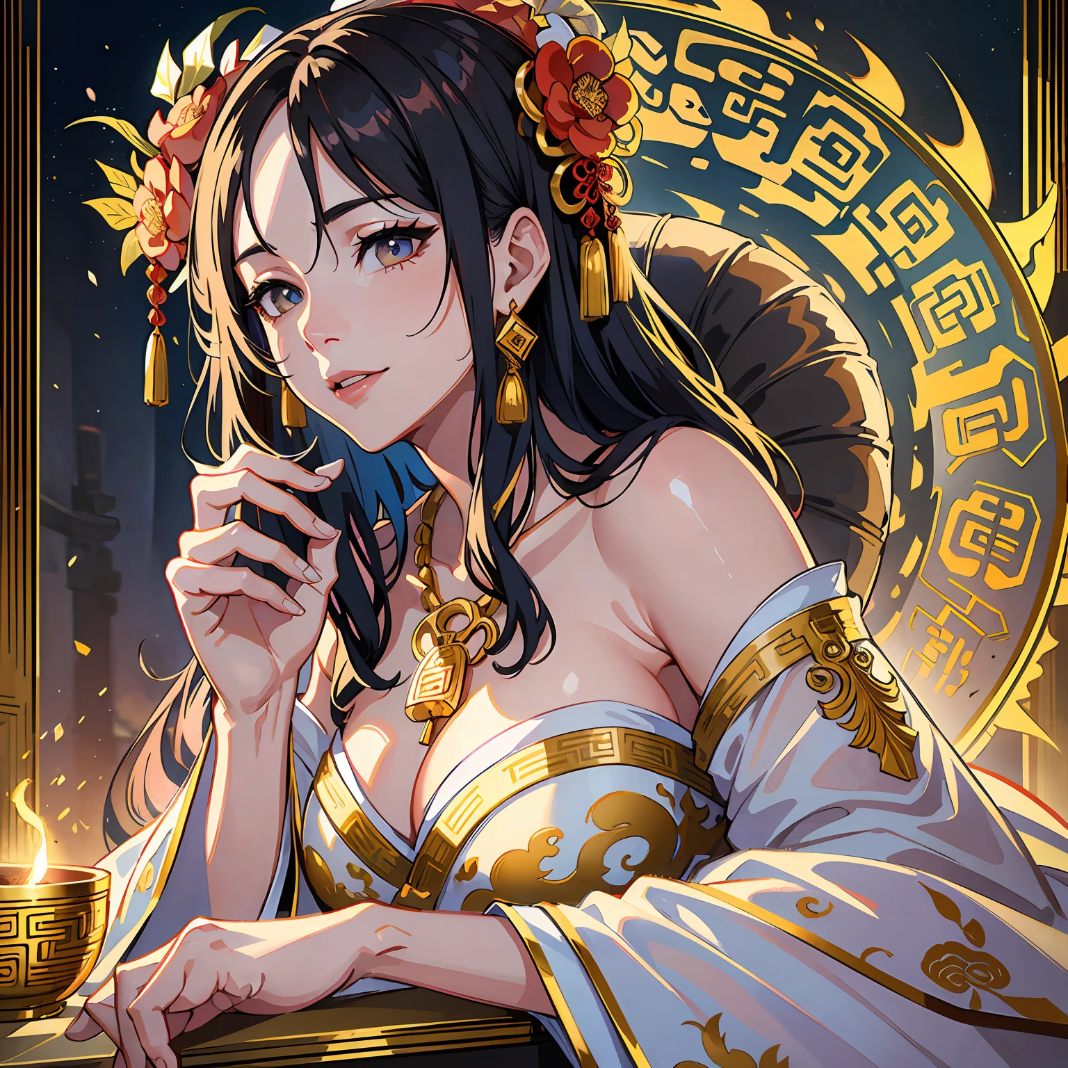 black hair, long hair, crown, forehead mark, mouth veil, butterfly hair ornament, flower on head, mismatched pupils, color contact lenses, smile, light smile, seductive smile, anime style, Cubism, Realism, Contemporary art, Romanticism, modern, stereogram, god rays, Wide-Angle, Ultra-Wide Angle, wide shot, from above, UHD, masterpiece, textured skin, super detail, highres --auto