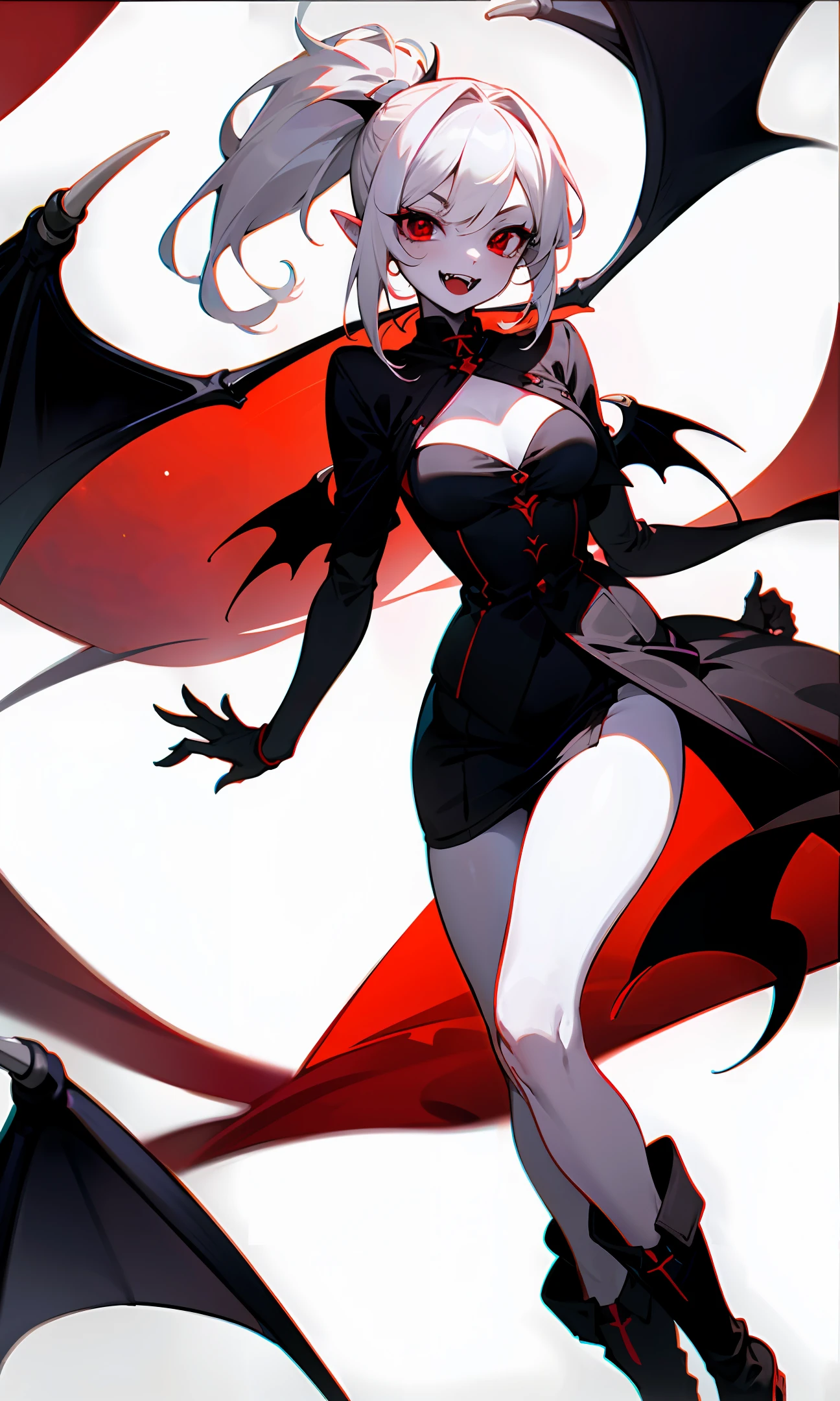 Vampire Girl shows her fangs， White double ponytail，White-colored skin，Red eyes，There are black wings on the back，Black succubus tail，Bigchest，Wear black boots，Black half-leg stockings，style of anime