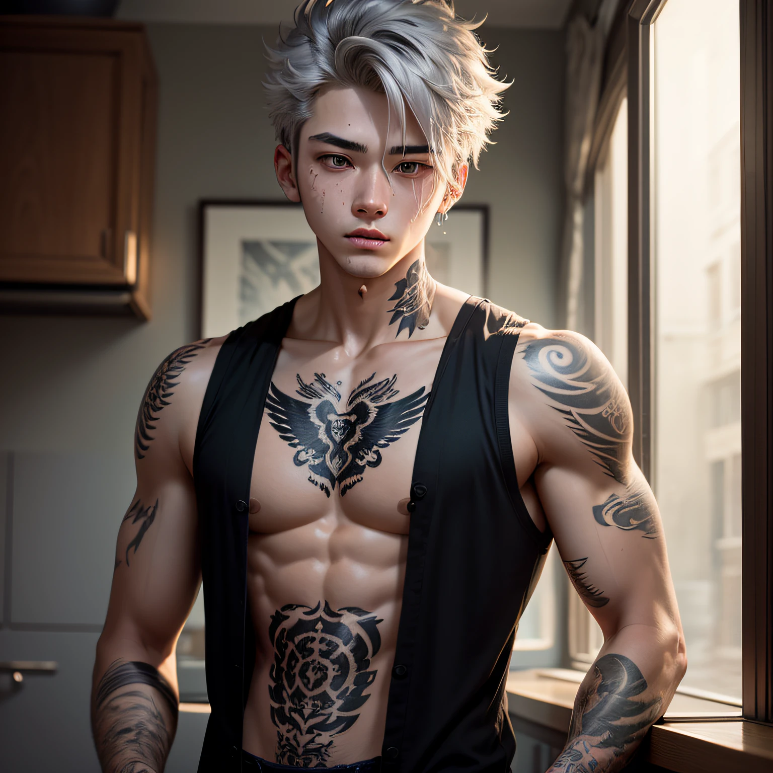 The 17-year-old emotional boy is covered in tattoos，There is an eagle tattoo on the chest，Reveals his thirst for strength and freedom。He wears a black casual vest，Hide the eagle tattoo,He dyed his gray hair，It adds a sense of mystery and coldness to his image。 --auto