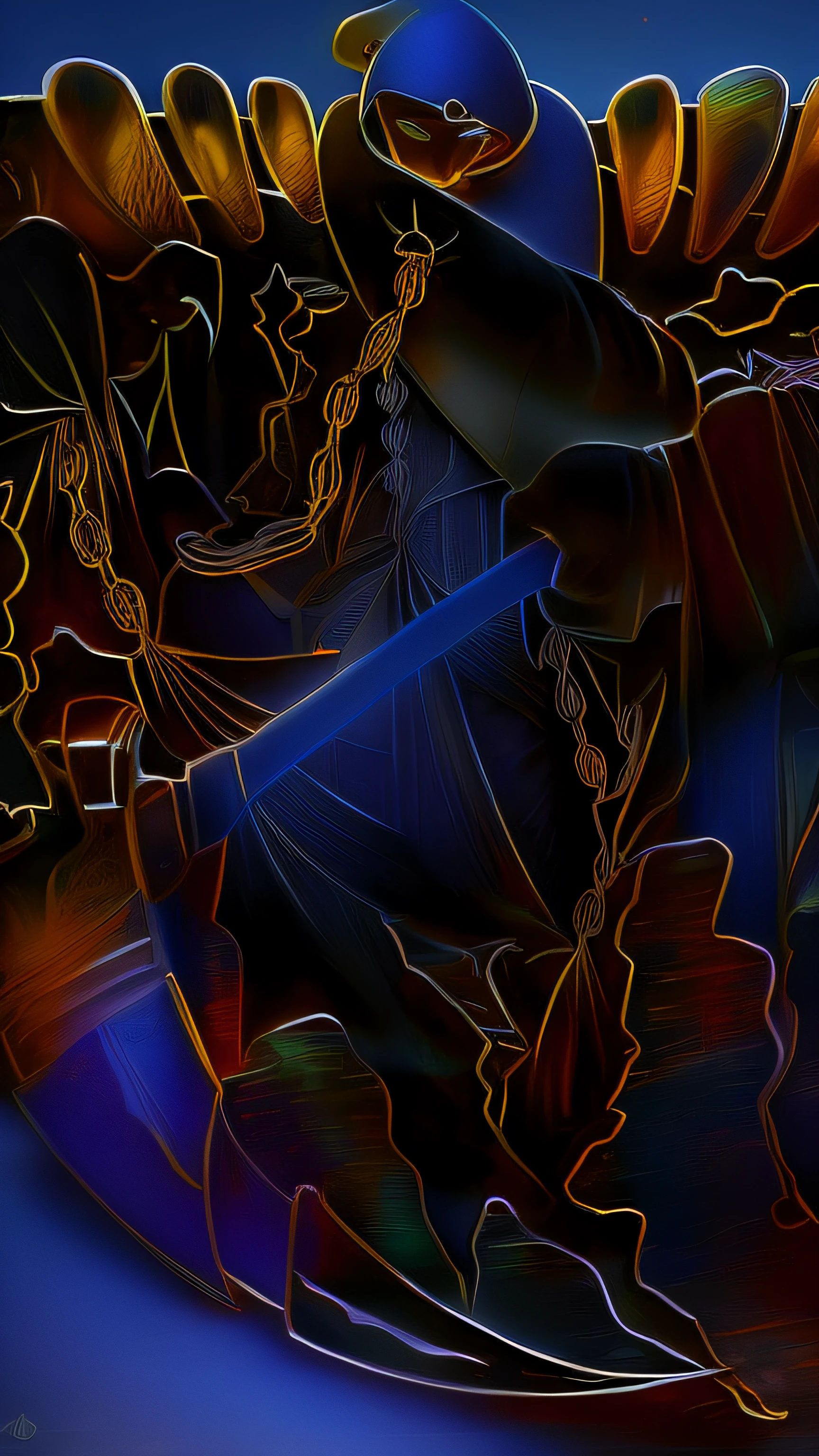 there is a man in a costume holding a sword in a forest, pintado como uma arte conceitual de jogo, arte de fantasia digital 3d detalhada, manto texturizado de tecido antigo medieval, Vencedor do concurso Polycount, arte conceitual estilizada, arte conceitual sombria, arte conceitual acabada, Vencedor do concurso Artstation, cavaleiro morto-vivo, arte conceitual arcana, Epic Fantasy Digital Art Style, representation of Death, foice reluzente, 3D-rendering, Raytraced, ray-traced, Fulgurar, Bokeh, NVIDIA