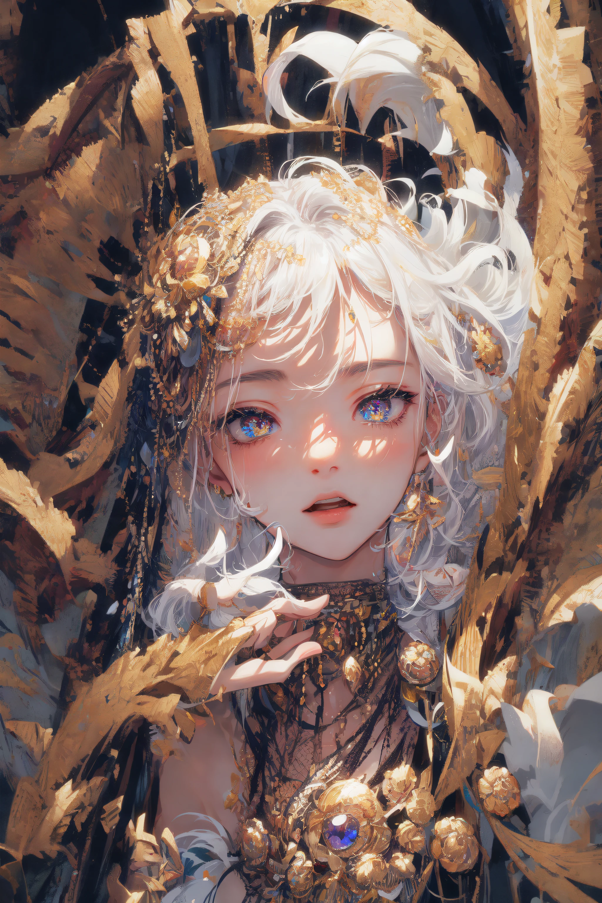 ((masterpiece, best quality, ultra-detailed, high-resolution)), solo, beautiful girl, gleaming eye, perfect eye, , black white gold theme,