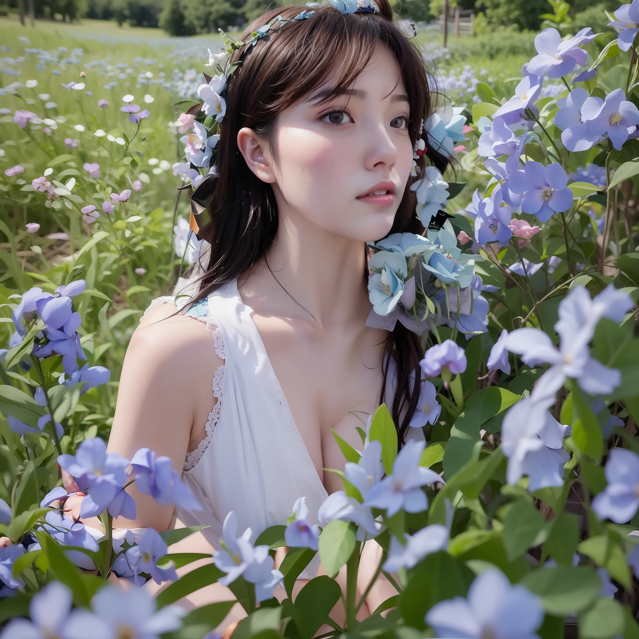 there is a woman with a flower crown on her head, Kim Do-young, Shin Jinying, jaeyeon nam, jinyoung shin art, taejune kim, inspirado por Kim Jeong-hui, inspired by Sim Sa-jeong, sun yunjoo, She is surrounded by light blue flowers, her face looks like an orchid, inspired by Yanjun Cheng, heonhwa choe