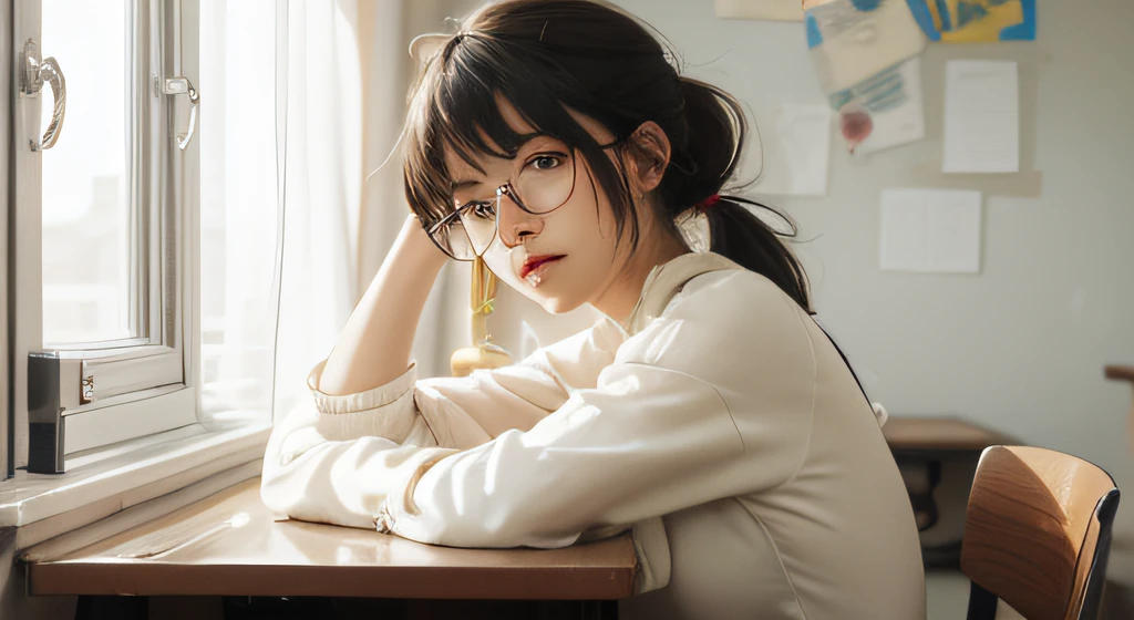 Kizi，modern day，school ground，Sit at a desk，White crewneck translucent dress，Black round glasses，Low ponytail，With bangs，The hair is black to brownish，Blue desk，Sunlight shines through the window on half of the face，There is a feeling of love and tiredness，Pure，The costume is flowing，Bright colors，romanticism lain，The bangs just above the eyebrows