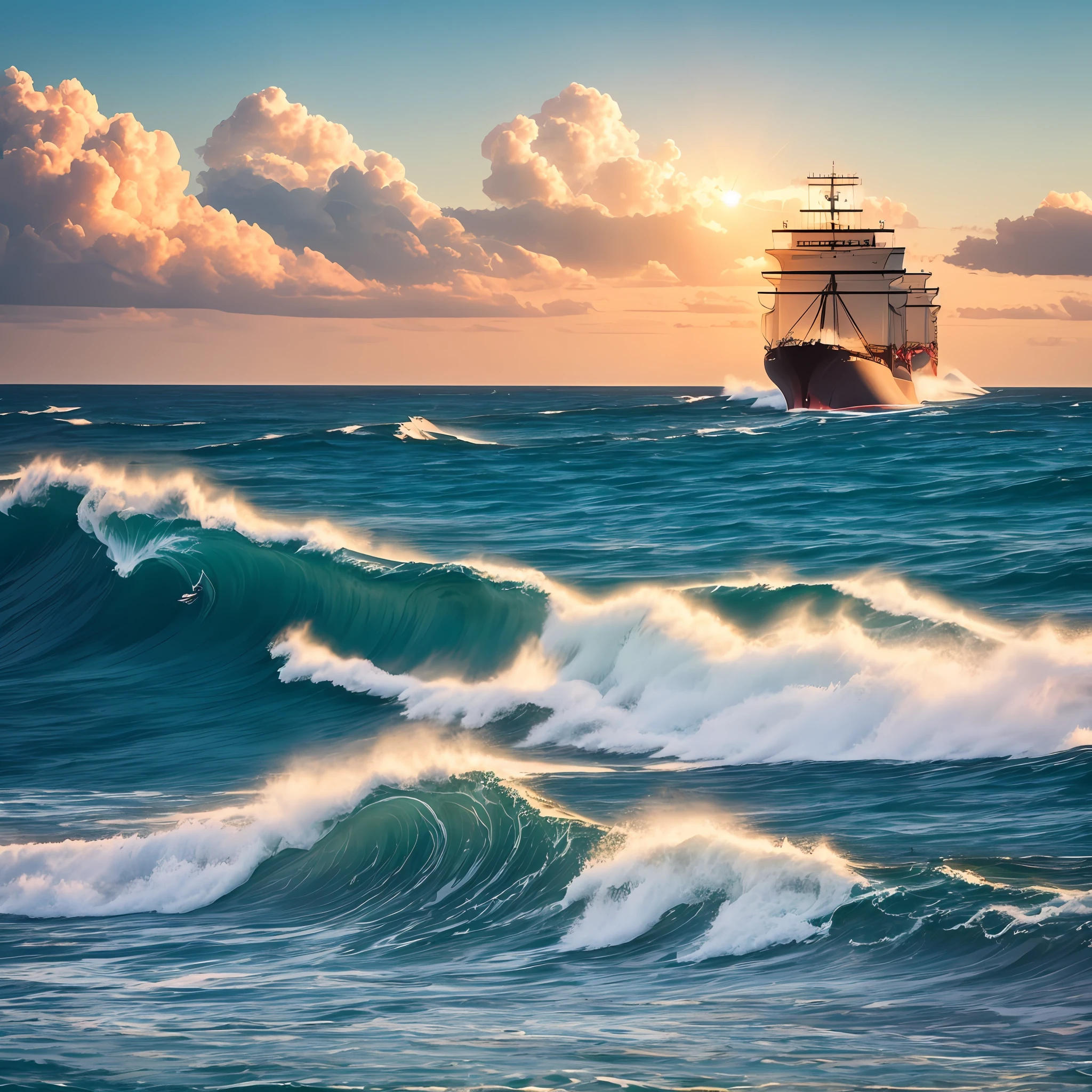 A big ship riding the wind and waves，There is a golden sun，The blue sky and white clouds，swell sea🌊， --auto