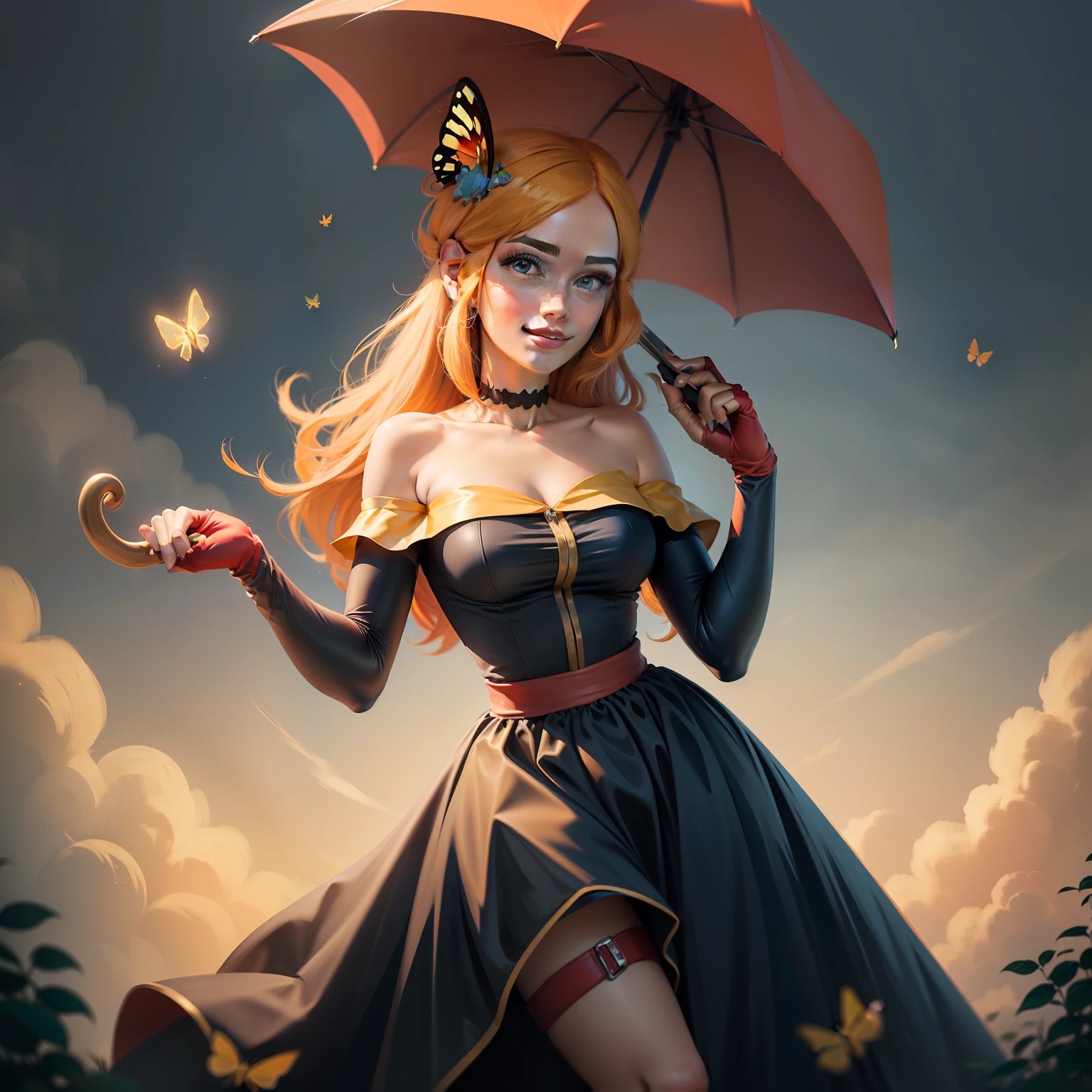 (masterpiece, best quality:1.2), cowboy shot, solo, 1girl, piper, smile, looking at viewer, holding umbrella, long orange hair, golden butterfly hair ornament, blue eyes, black off-shoulder dress, sleeveless, red thigh strap, black elbow gloves, fingerless gloves