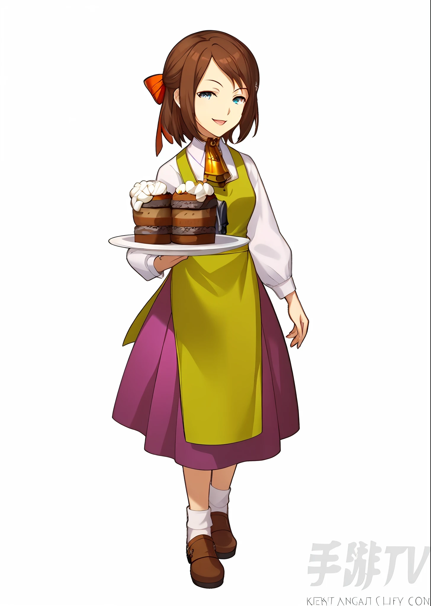 Anime girl holding a plate of cake，There is a cupcake on it, final fantasy tactics character, render of april,,( Waitress ) ,official character art, offcial art, Kushatt Krenz Key Art Women, Female protagonist 👀 :8, Character artwork，Kangong rides the crowned sword，Roland In