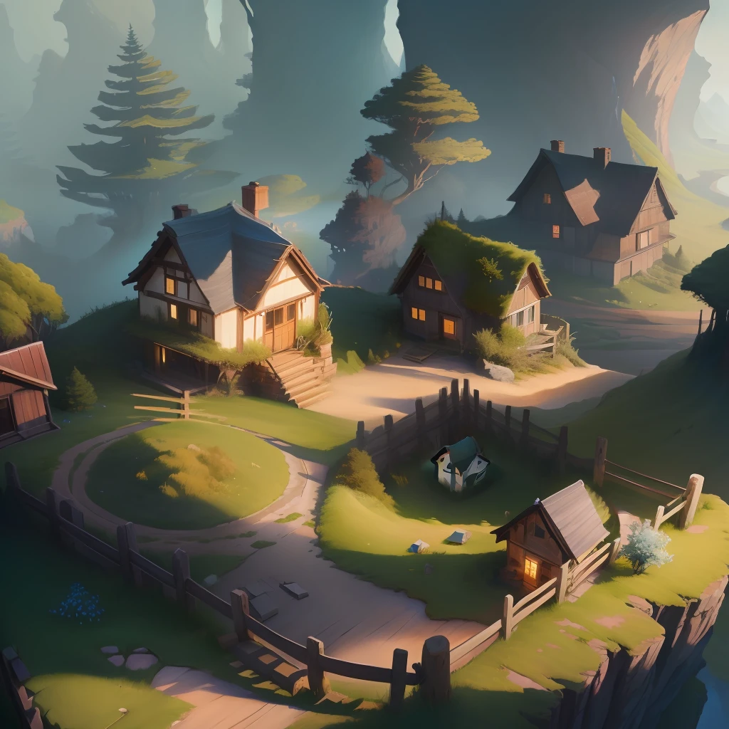 Wooden houses on the edge of a cliff Vast grassland