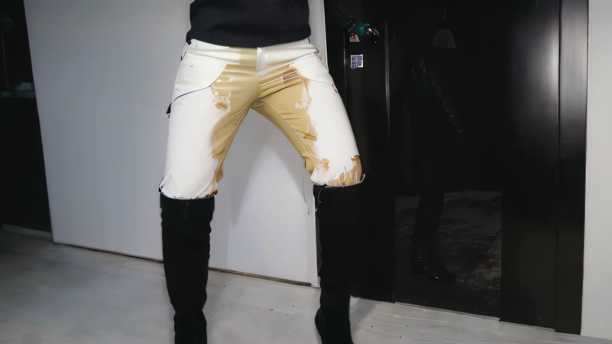 araffed woman in black boots and white pants standing in front of a door, breeches, wearing only pants, his clothes are torn and dirty, Wearing white tights, tights skin, wearing pants, black extremely tight jeans, 👰 🏇 ❌ 🍃, coat decollete jodhpurs, wearing pants and a t-shirt, Leather pants