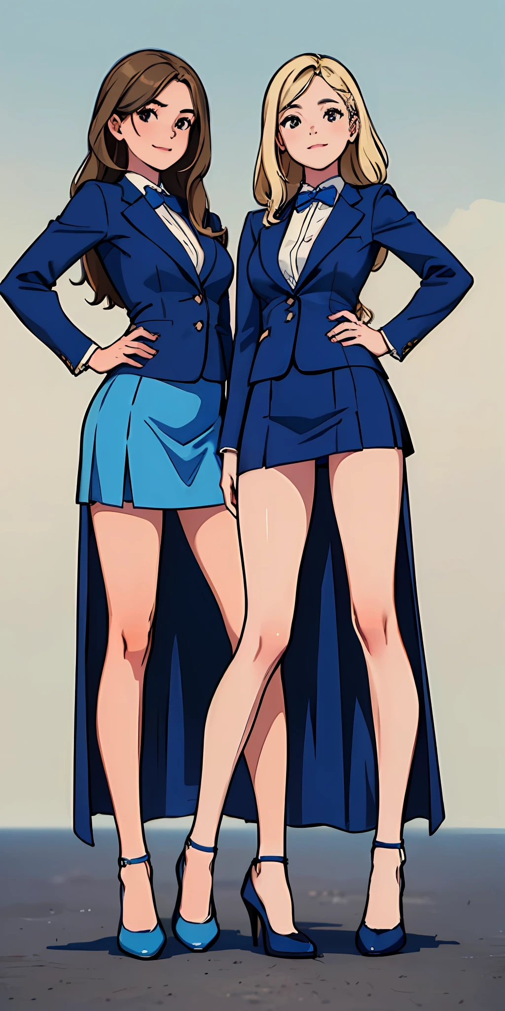 ((Masterpiece, highres)), 2girls, duo, twins, ((one brown haired girl, one blonde girl)), long hair, curly hair, matching hairstyles, different hair color, confident, elegant, proud smiles, (((matching outfits, identical outfits, blue skirt suits, sexy skirt suits, blue blazer, blue short skirt, black high heels)))