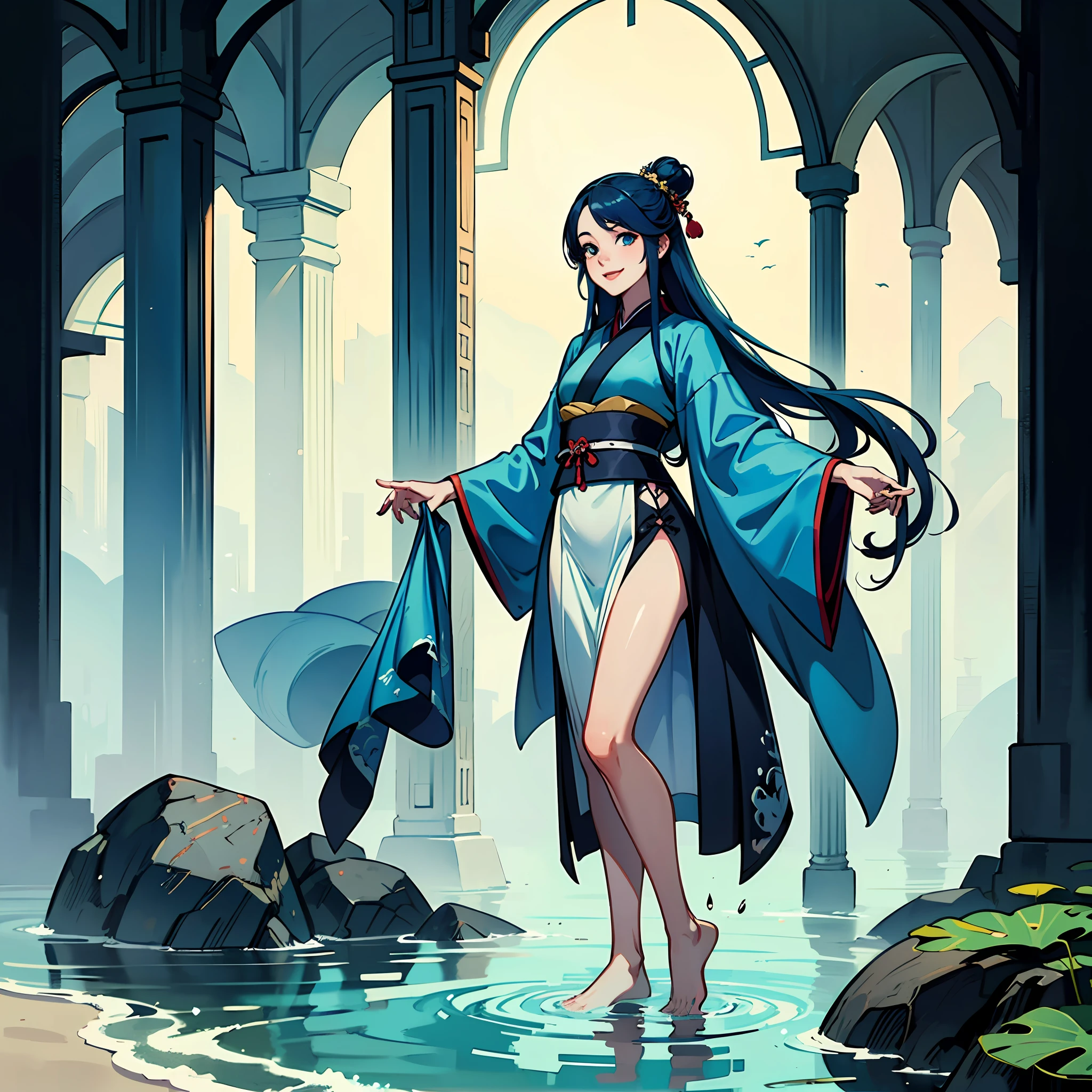 ((4k,masterpiece,best quality)), shuimobysim, traditional chinese ink painting, lotus, hanfu, maxiskit, dress conservatively 1girl, solo, long blue hair, smile, standing, feet in the water, barefoot, --auto