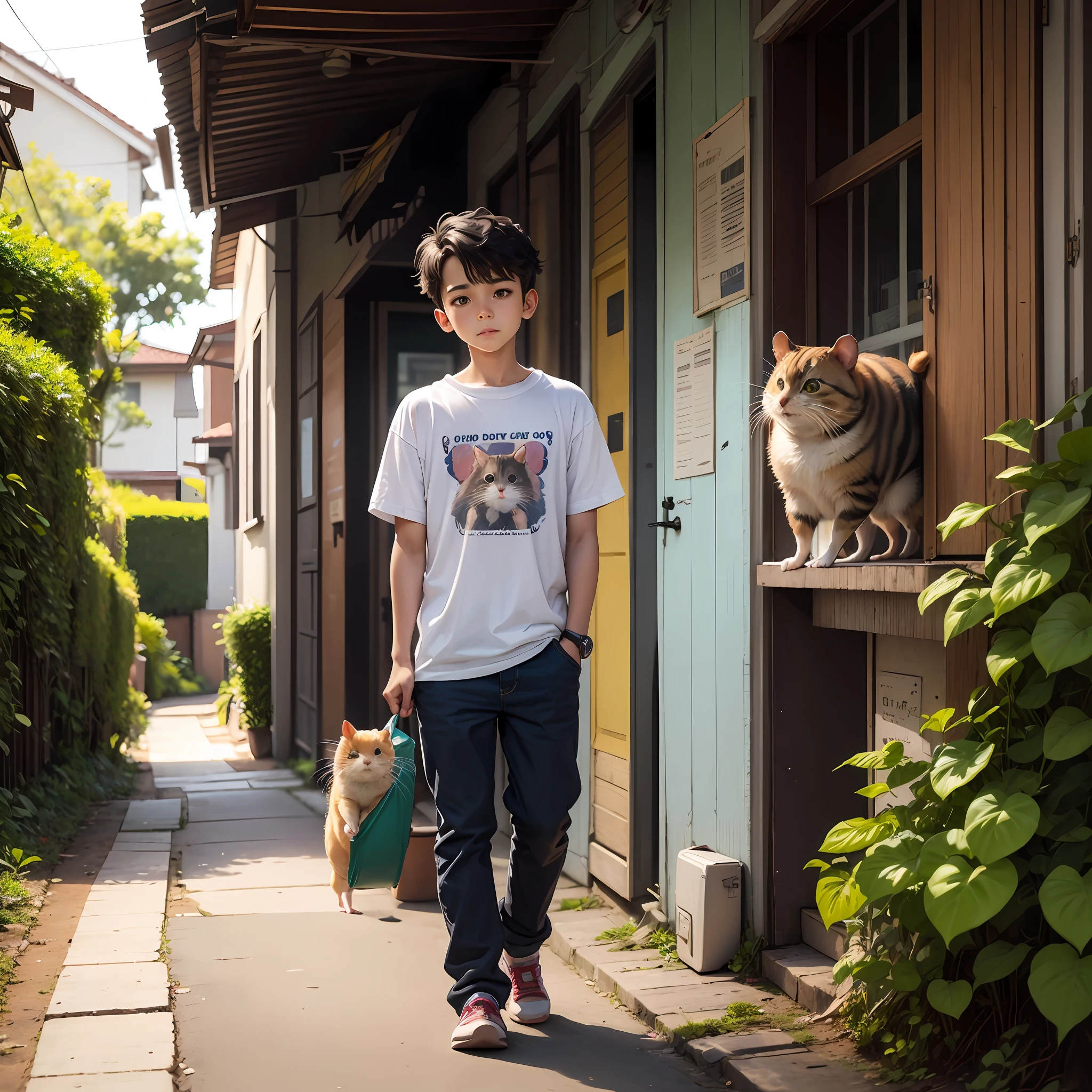 "anime, de 10 anos com cabelo curto e seus animais -um cachorro, um hamster e um gato- em casa, na rua e na floresta. With an emphasis on exploration and adventure. " --auto