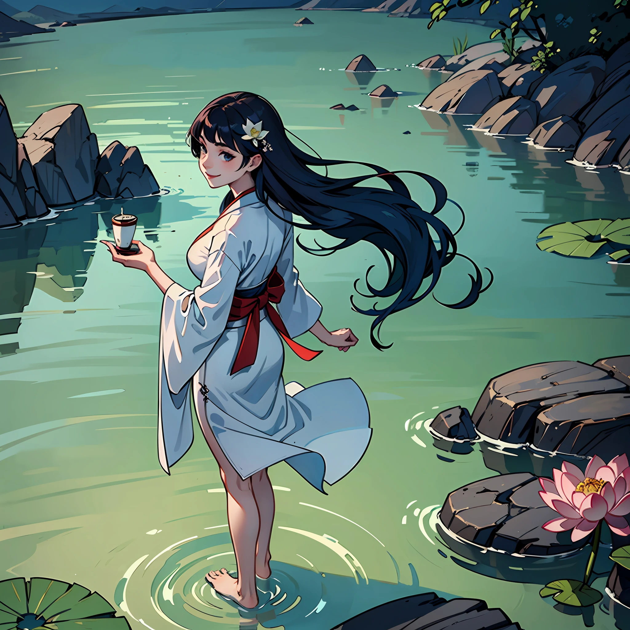 ((4k,masterpiece,best quality)), shuimobysim, traditional chinese ink painting, lotus, hanfu, maxiskit, dress conservatively 1girl, solo, long blue hair, smile, standing, feet in the water, barefoot, --auto