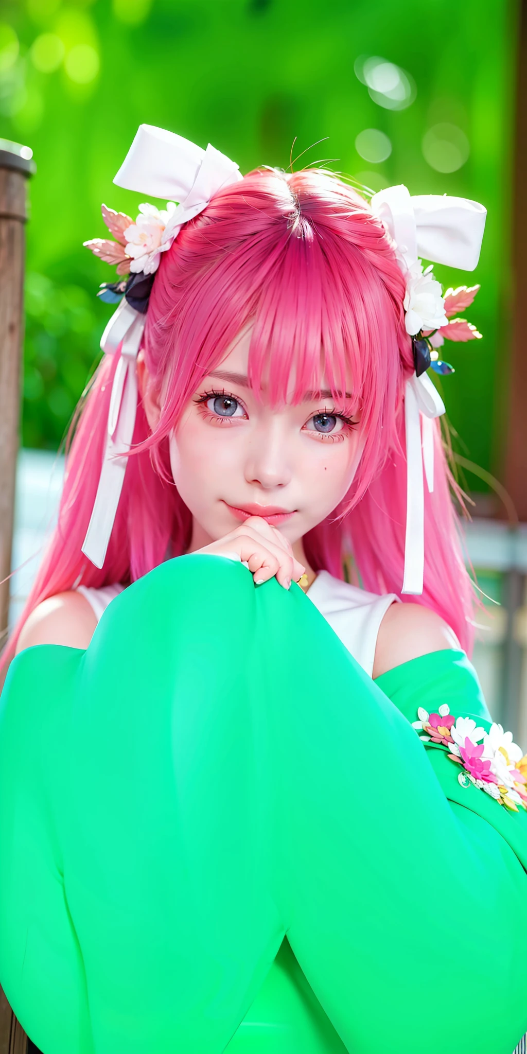 (8k, 4k, best quality, highres:1.2), (maasterpiece, realistic, photo realistic:1.37), 1girl, solo, beautiful face, eyelashes, nose, glossy lips, (detailed eyes, looking at viewer, fair skin, white skin:1.5), fine complexion, upper body,
large breasts, busty,,,
outdoor onsen,
two side up, absurdly long hair, blonde hair, pink hair, bangs, hair ornament, bow,
younger, aged down,